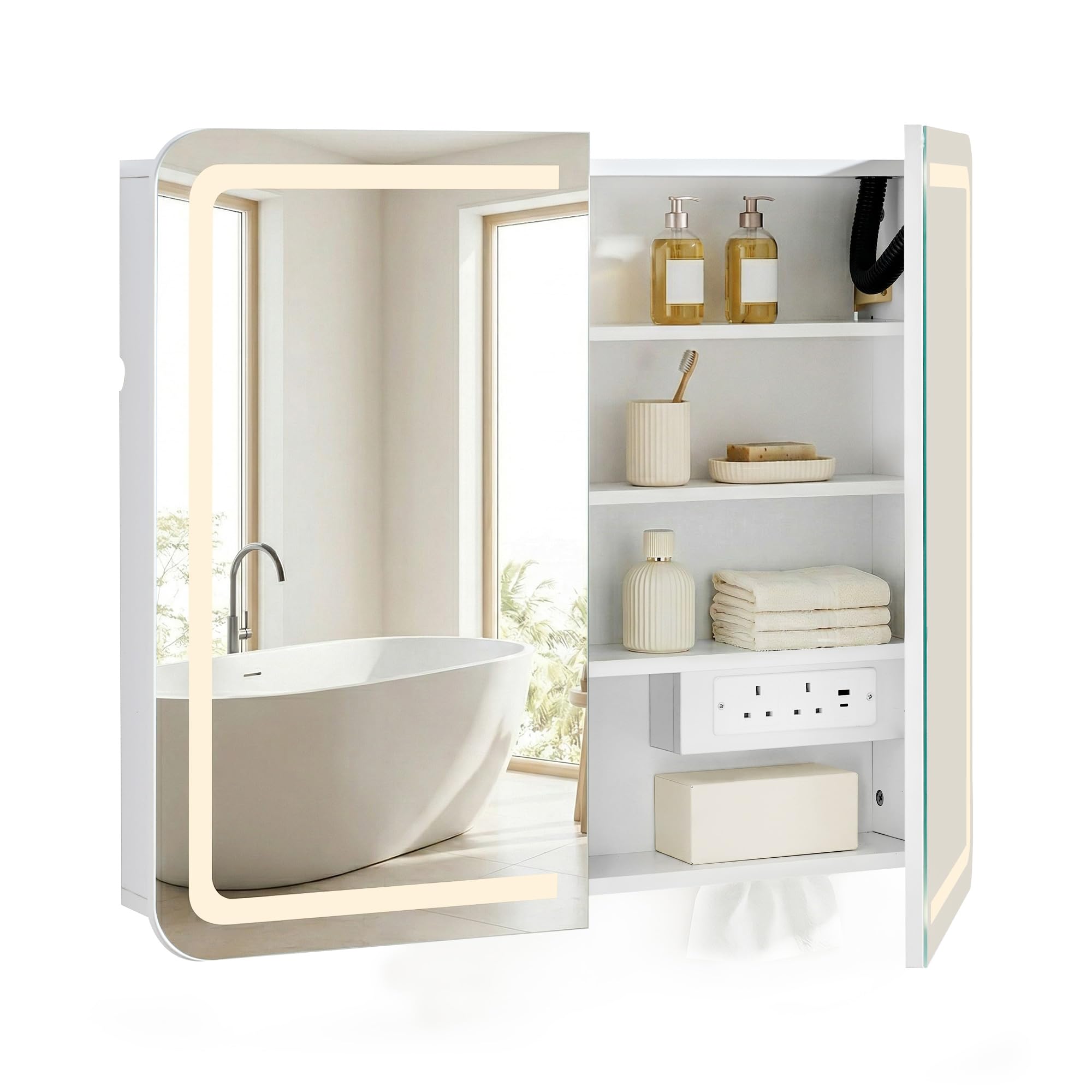 CLIPOP Bathroom Cabinet with Mirror 2-Door Bathroom Wall Cabinet with Shaver Socket & LED Lights, Anti-Fog Mirrored Storage Unit Round Corner with 6 Storage Shelves, Built-in Tissue Shelf (white)