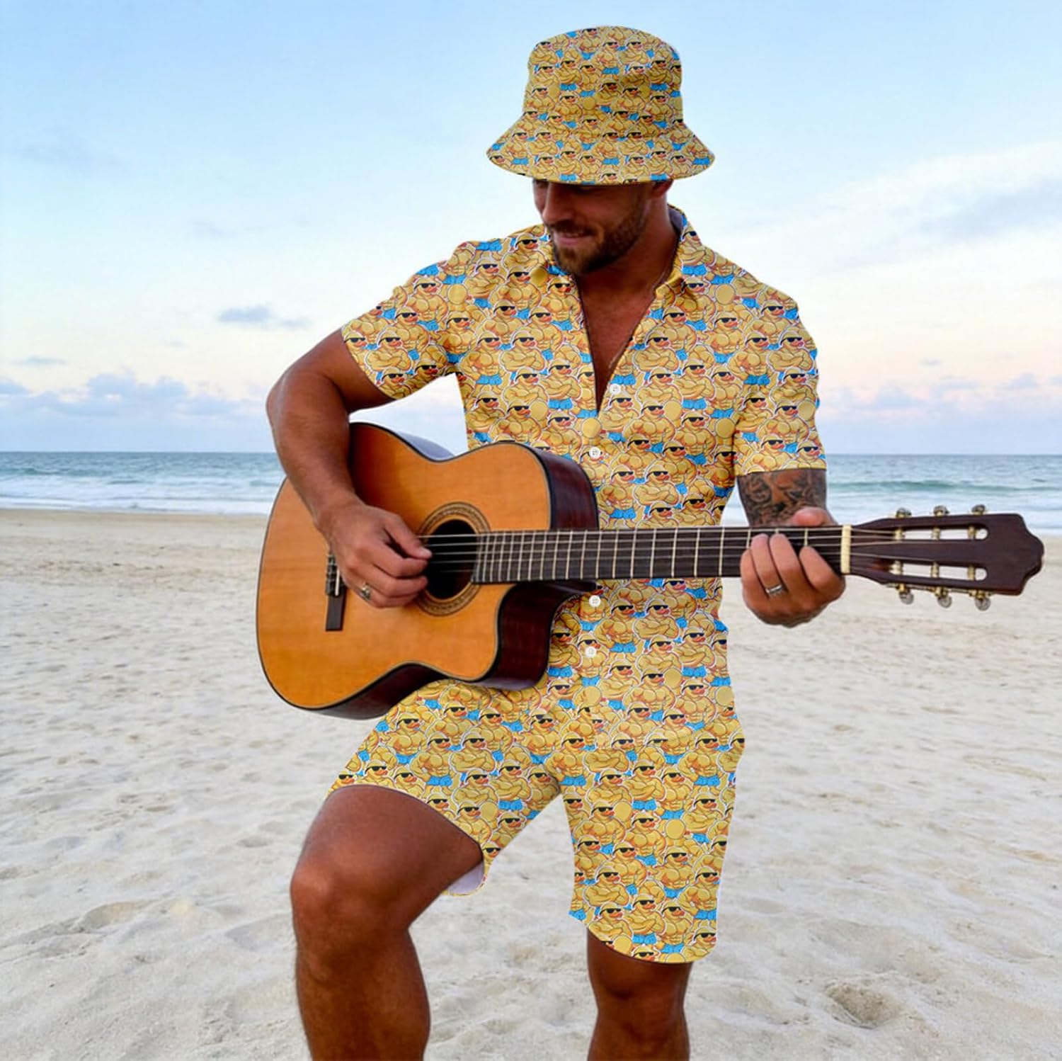 Mens 2 Piece Tracksuit Hawaiian Button Down Shirt and Compression Liner Shorts Sets with Bucket Hats