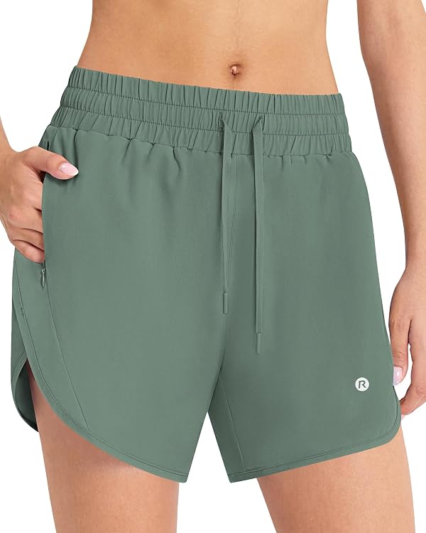 Runhit Womens Running Shorts 5" Athletic High Waisted Liner Zipper Pockets L Jasmine Green by Runhit - Used condition - US$11.88