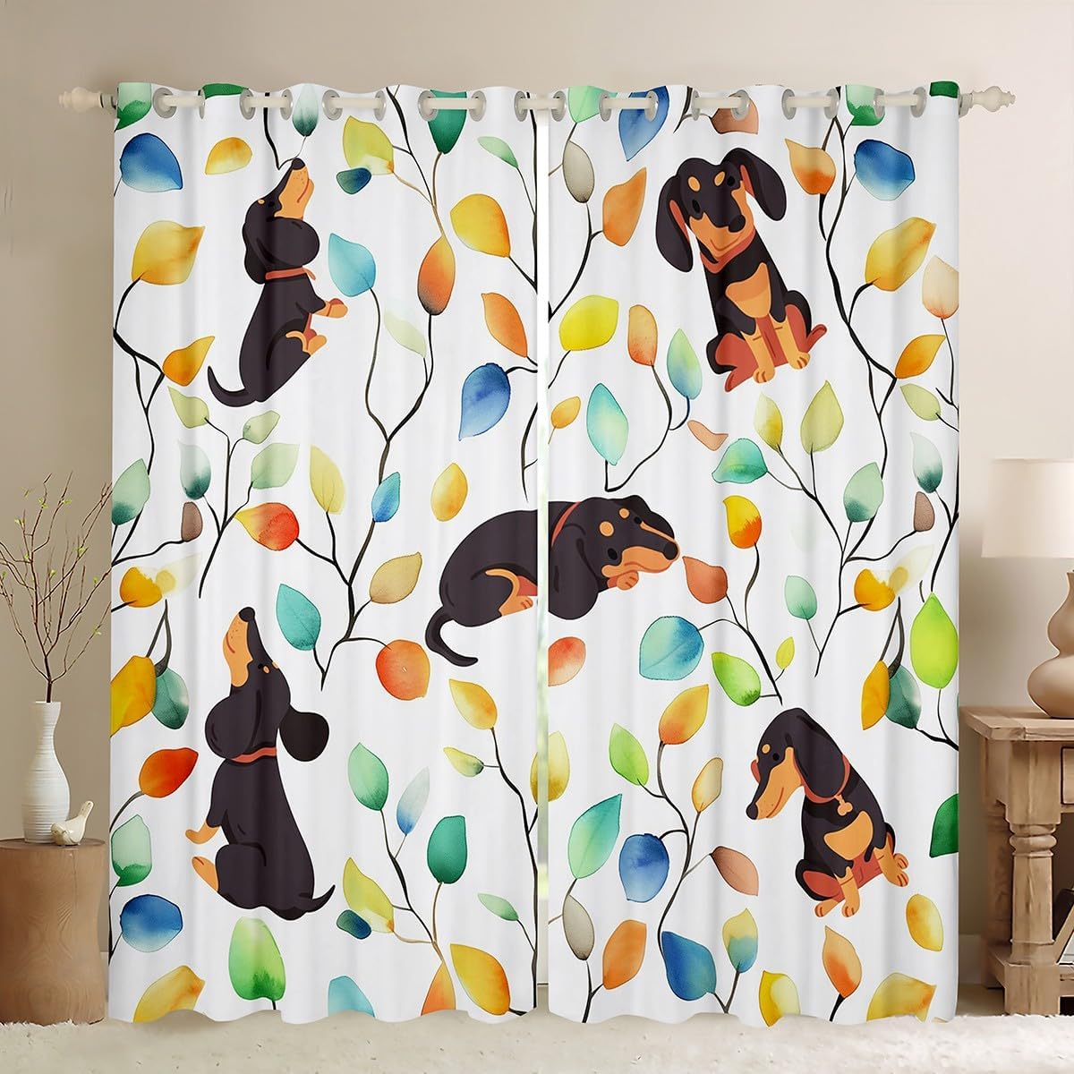 Erosebridal Cute Dachshund Curtains for Kids Child Hippie Floral Blackout Curtains, Cartoon Dog Theme Curtains & Drapes Watercolor Leaves Bedroom Curtains, Chic Flower Window Treatments