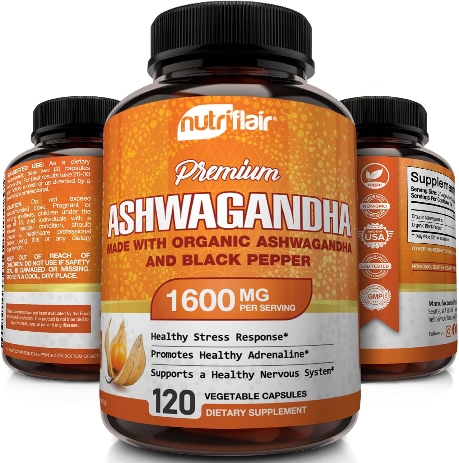 NutriFlair Organic Ashwagandha 1950mg with Black Pepper, 120 Capsules
