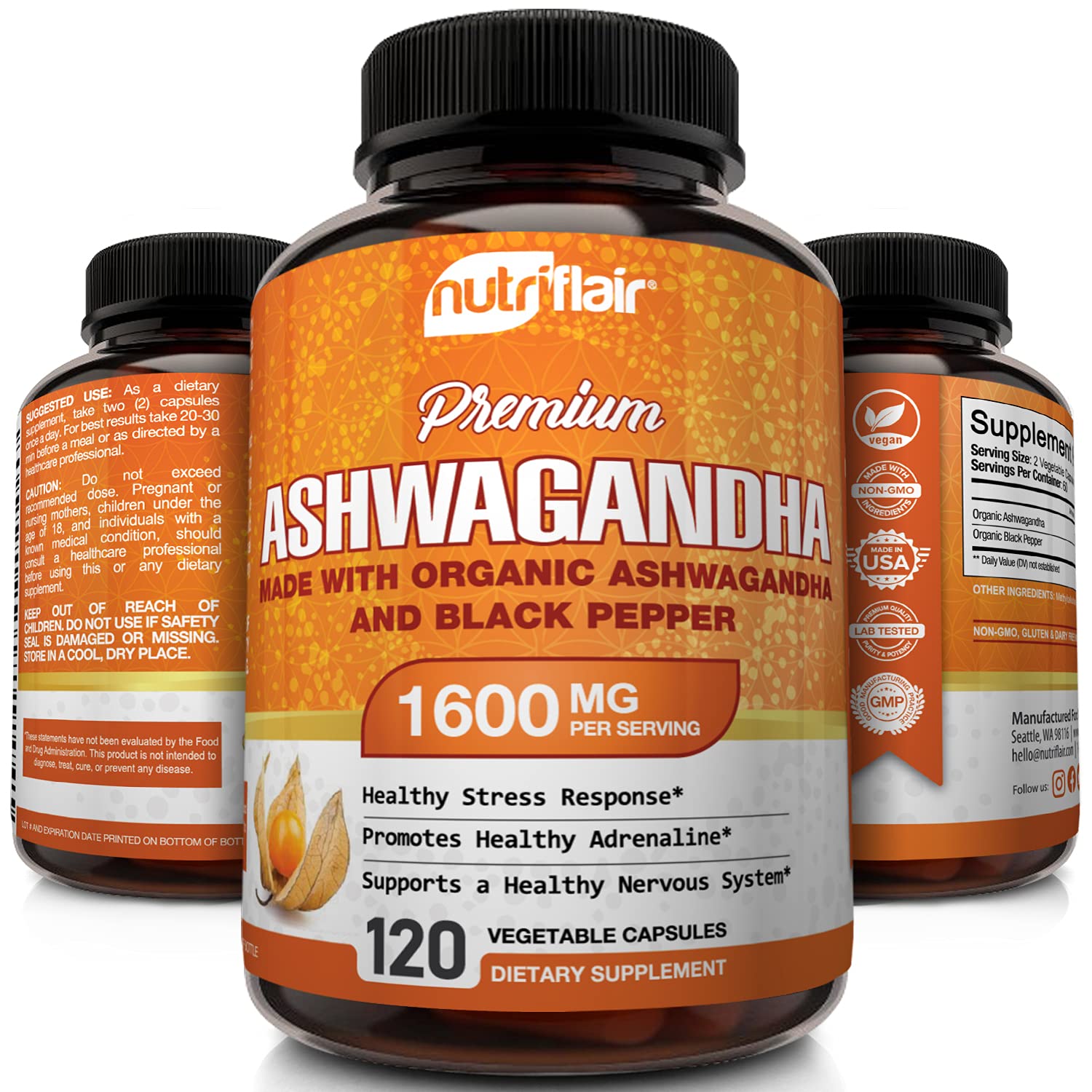 NutriFlair Organic Ashwagandha 1950mg with Black Pepper, 120 Capsules