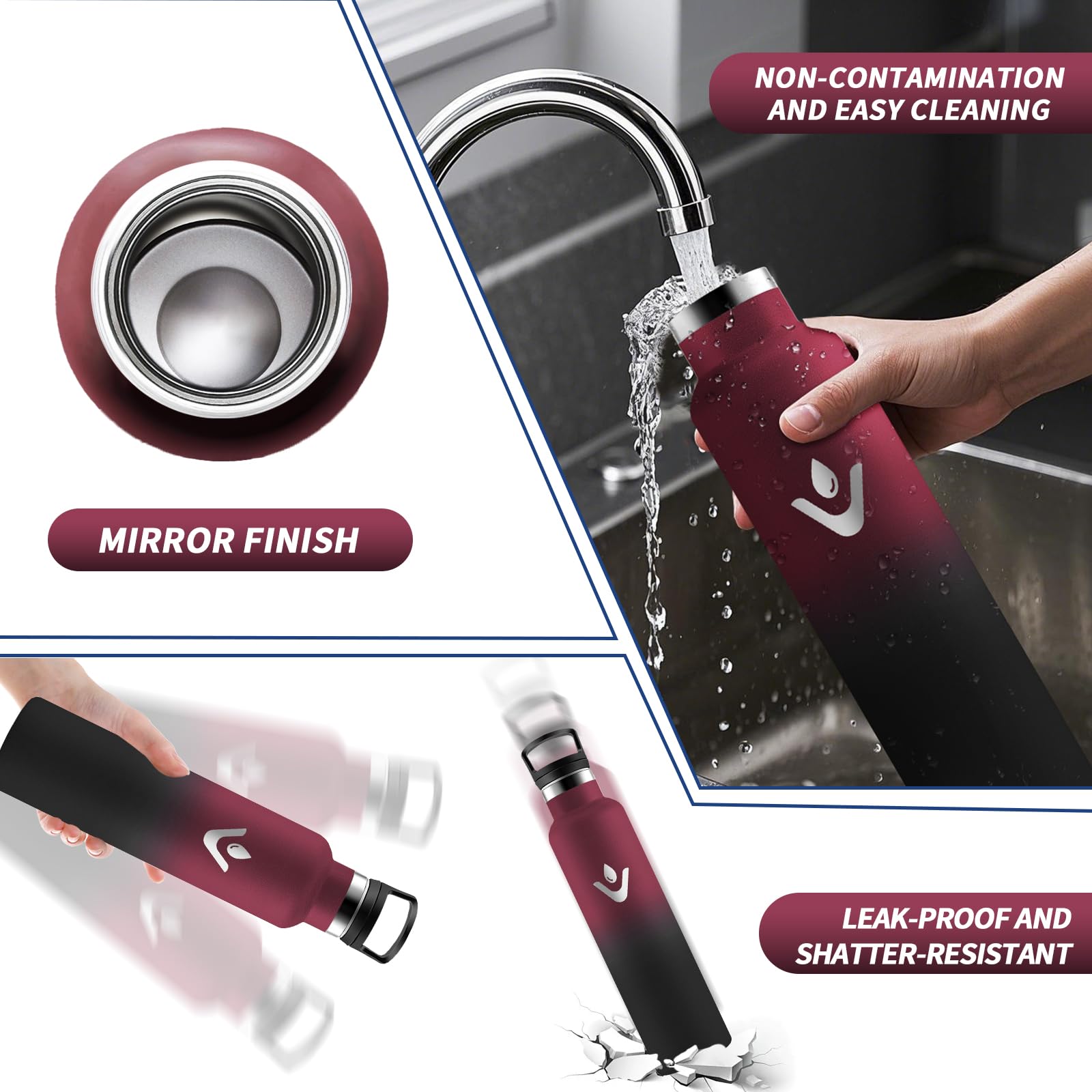 Motswedi Borraccia Termica 1 litro, Doppia Parete, Bottiglia Termica, a Prova di Perdite, Borraccia con Cannuccia, Acciaio Inox, Borracce Termiche, per Palestra, Outdoor, Campeggio, Rosso & Nero