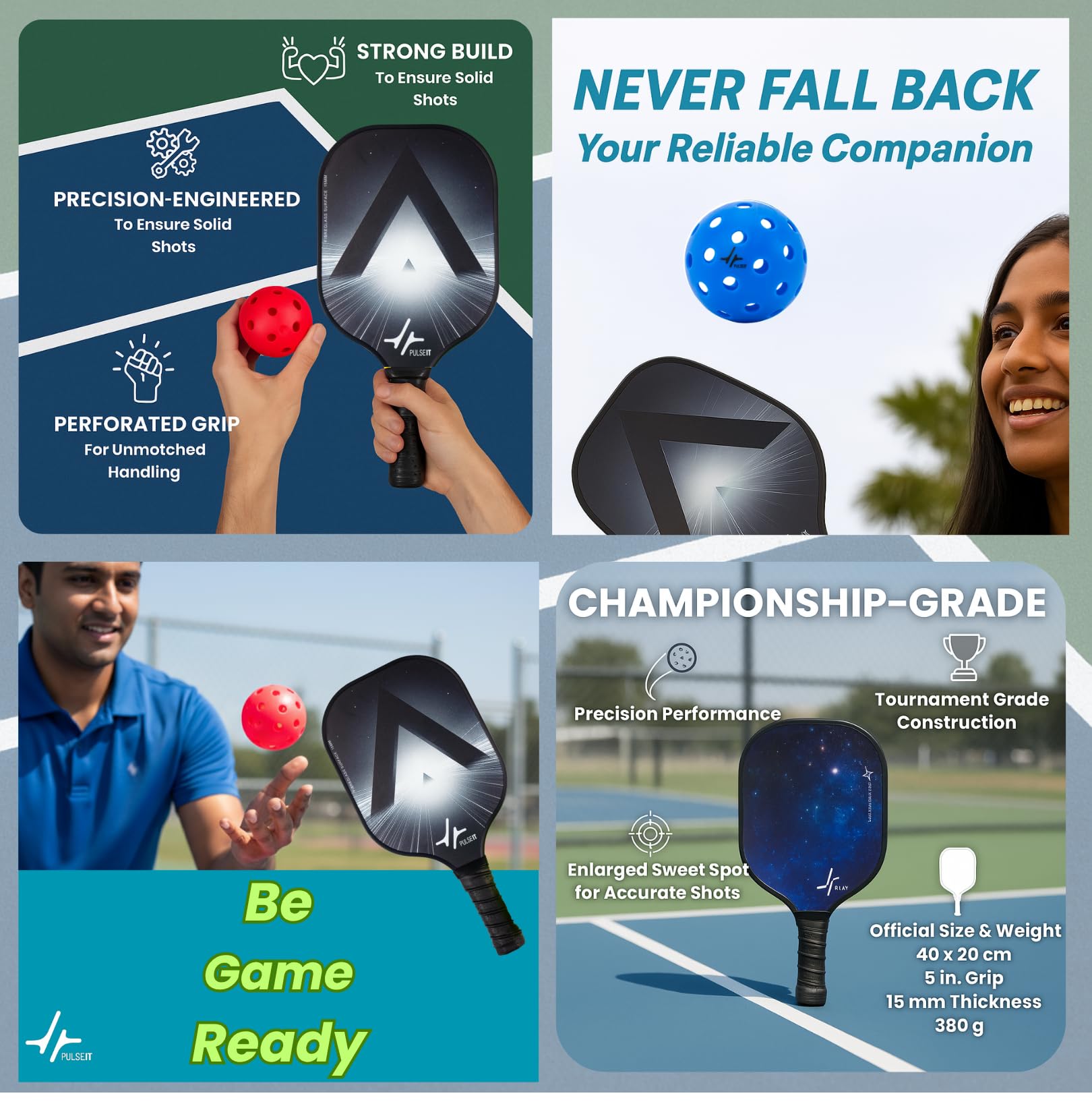 PulseIT Pickleball Paddle | 15mm Fiberglass Honeycomb Core, Lightweight & Non-Slip Grip | Indoor & Outdoor Pickleball Racket for Men & Women, All Skill Levels | Lunar Black