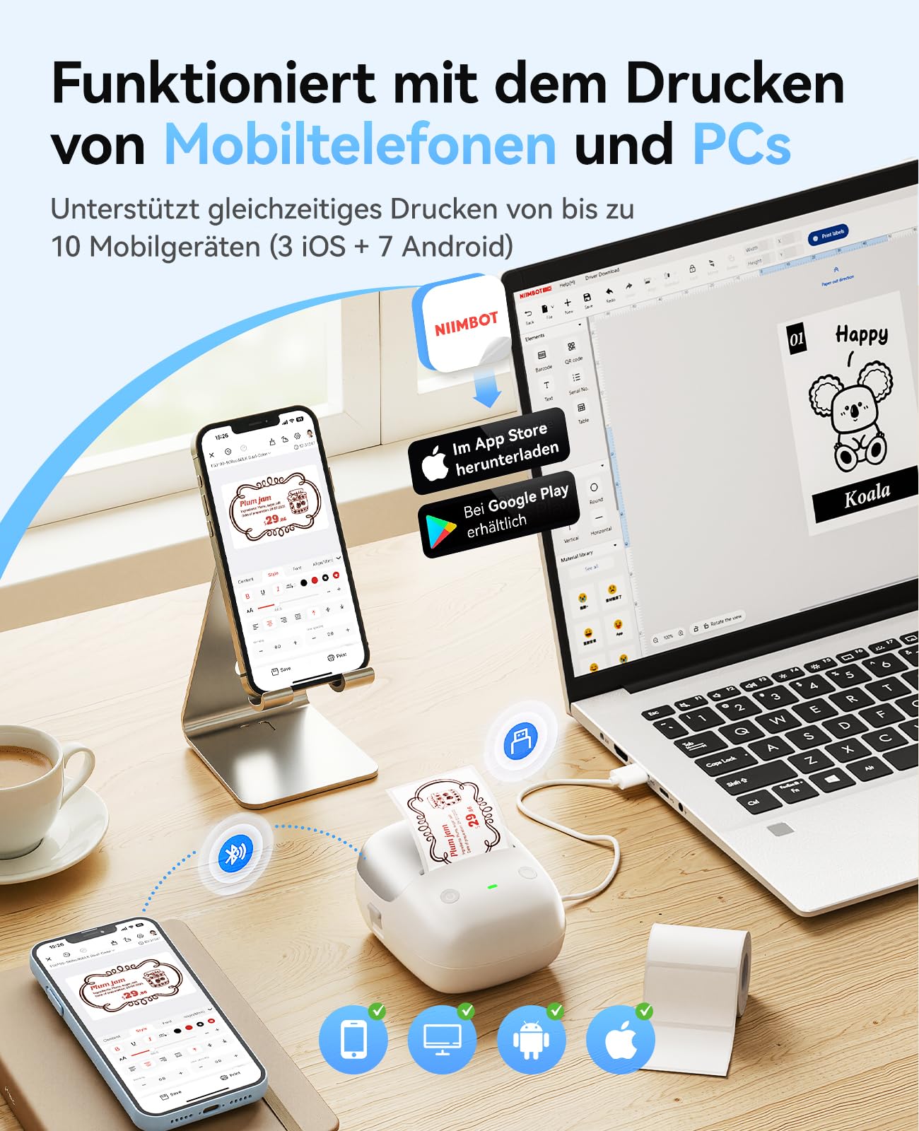 NIIMBOT B2 Pro Etikettendrucker mit 3 Rollen Wasserfeste Etiketten Selbstklebend, 300DPI Etikettiergerät Bluetooth Label Printer für Fotos, Adressetiketten, Preisschilder, Silber