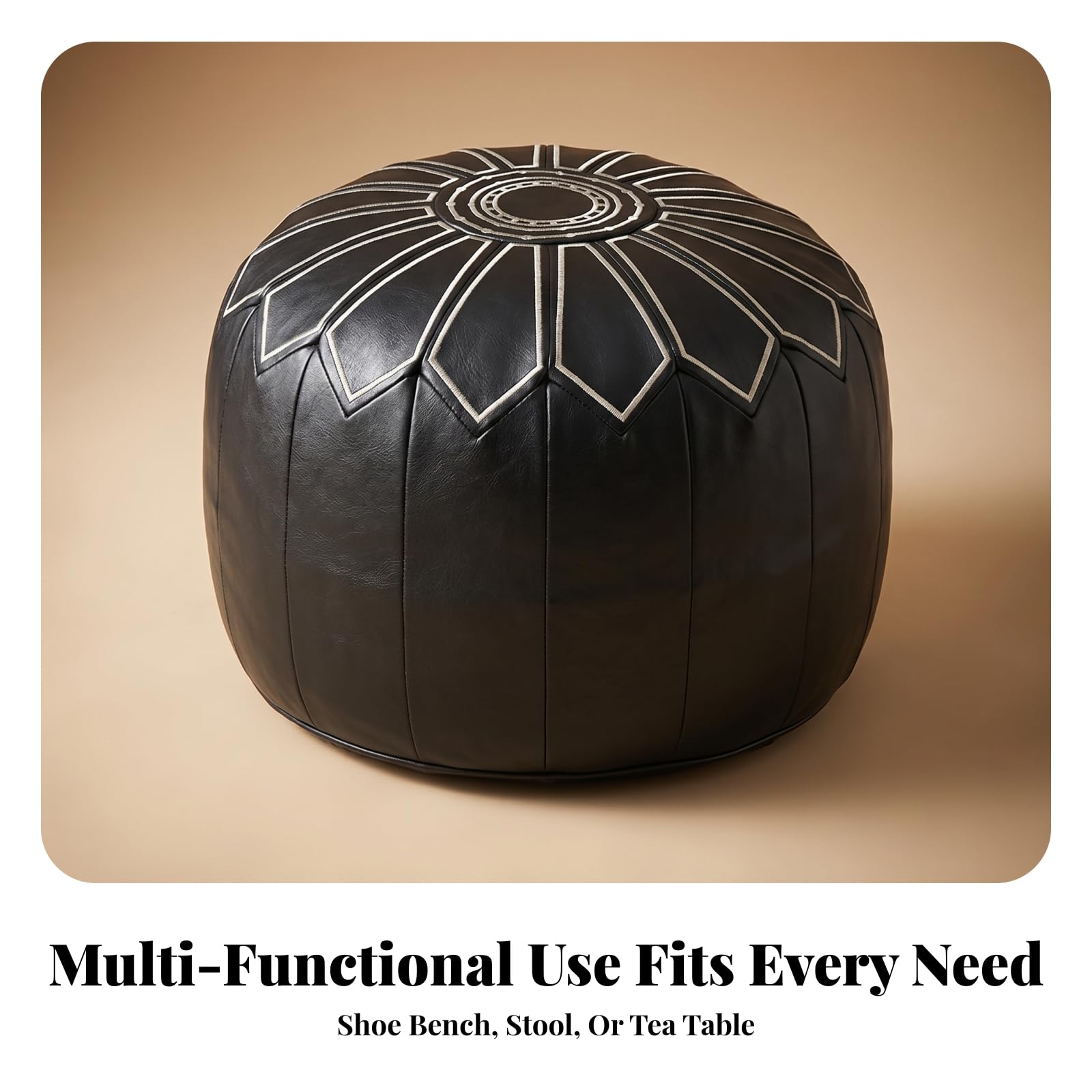 predolo Pouf Imbottito Rotondo Cuciture a Pannelli Pouf Decorato Ricamo Floreale, Marrone Scuro