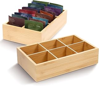 2 Pack Bamboo Tea Bag Organizer for Drawer, Wood Hot Tea Bag Box Organizer Holder with 6 Compartments, Teabag Chest Box for Coffee Station Sugar Packet Sweeteners Small Packets