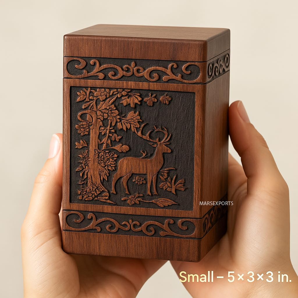 Wooden Cremation Urns Box for Human Ashes, Memorial Keepsake Boxes for Adults, Male/Female,Child, Pets Dog Cat Wood Burial Funeral Container (Deer) Urn, Capacity (Small)