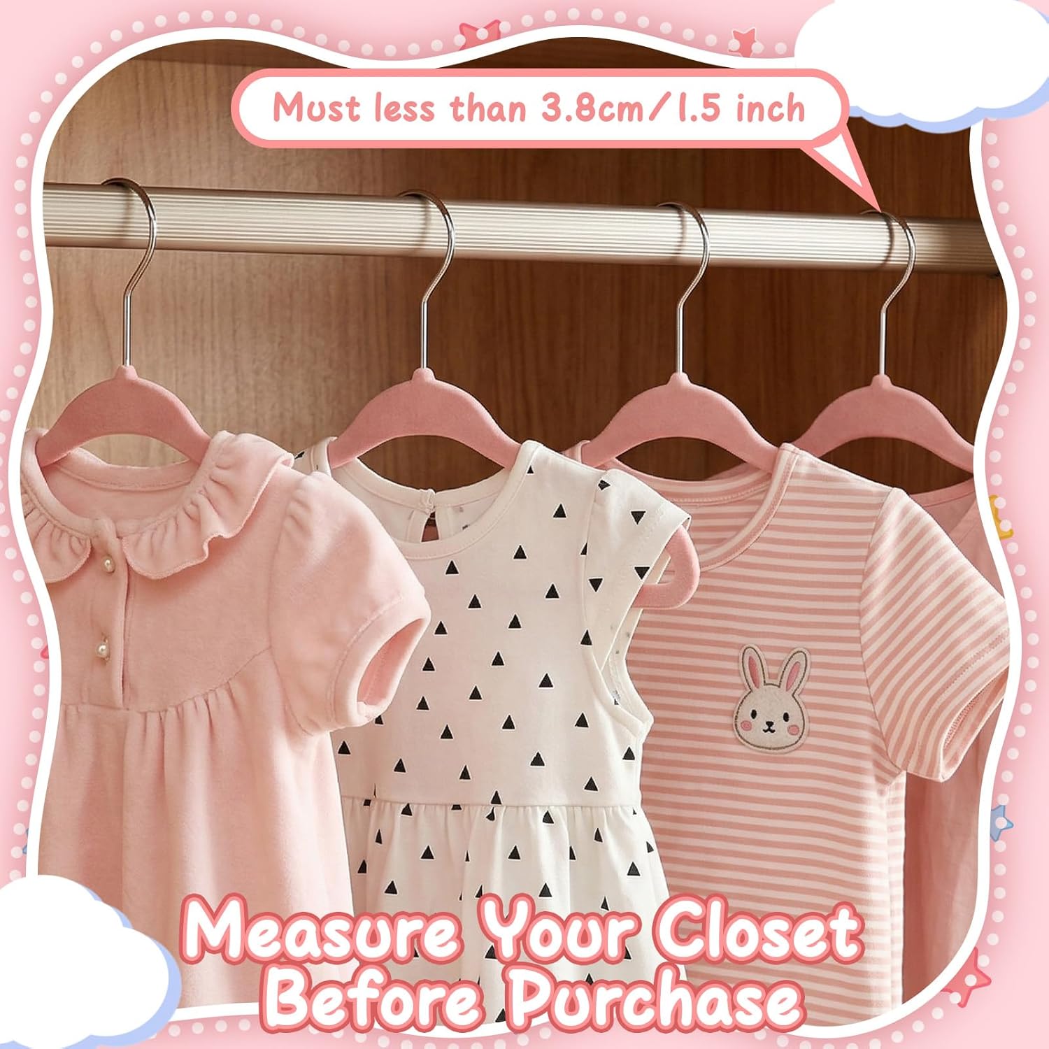 30 Pack Pink Velvet Baby Hangers with Clips Kids Clothes Hangers Non-Slip Space Saving Slim Felt Hanger for Newborn Toddler Nursery Clothes