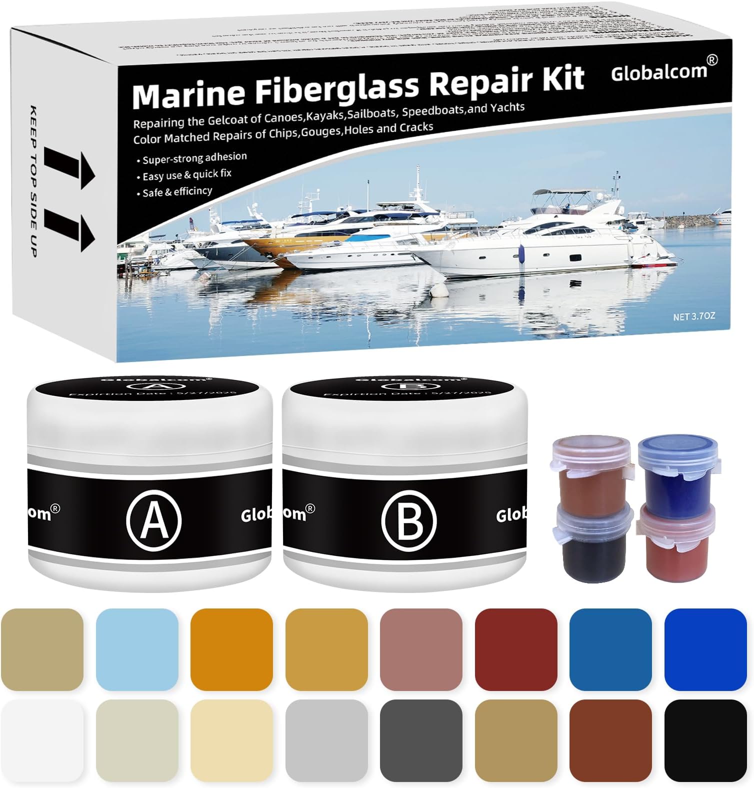 Globalcom Fiberglass Boat Repair Kit, Gel Coat Repair Kit for Boats, Marine Fiberglass Repair Kit for Boats, Epoxy Filler for Boats, Fiberglass Repair Kit Fix Holes Chips Pit Cracks (Color Match)