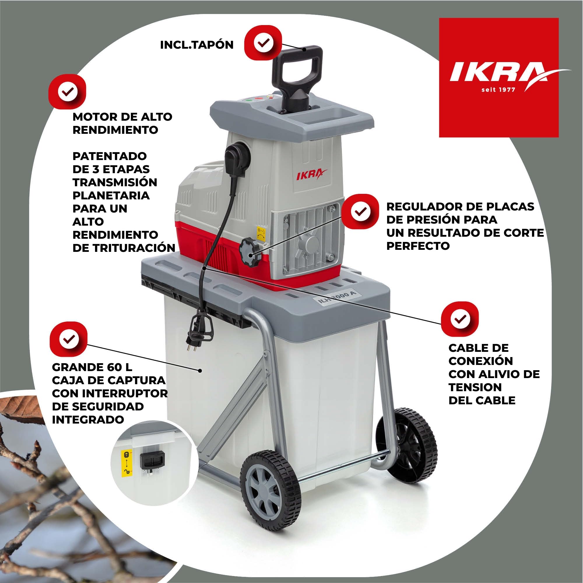 IKRA 81002880 trituradora silenciosa eléctrica ILH 3000 A, diámetro de Ramas a 44mm, W, 230 V