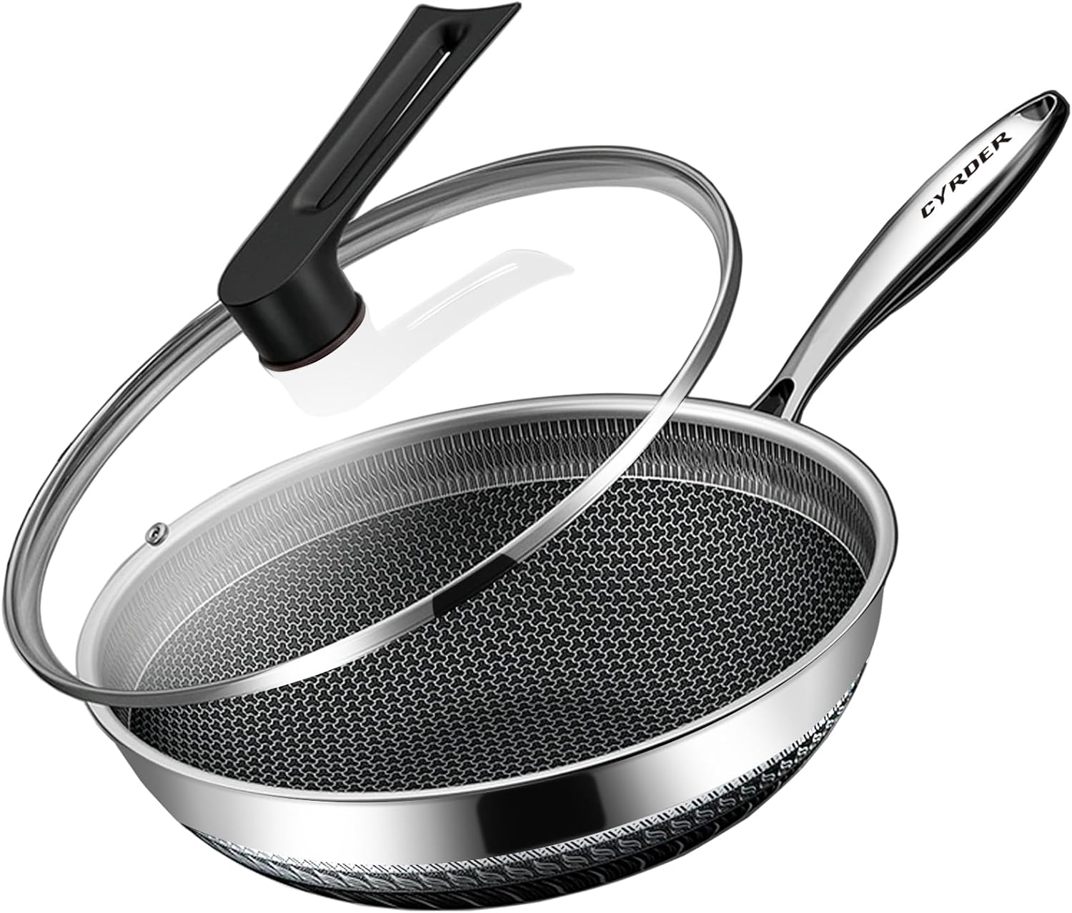 Hybrid Nonstick 12.5Inch 316 Stainless Steel Pan, PFOA Free Wok, Dishwasher Oven Safe, Stay Cool Handle Skillet, Works with Induction Cooktop/Ceramic/Gas/Electric Stovetop