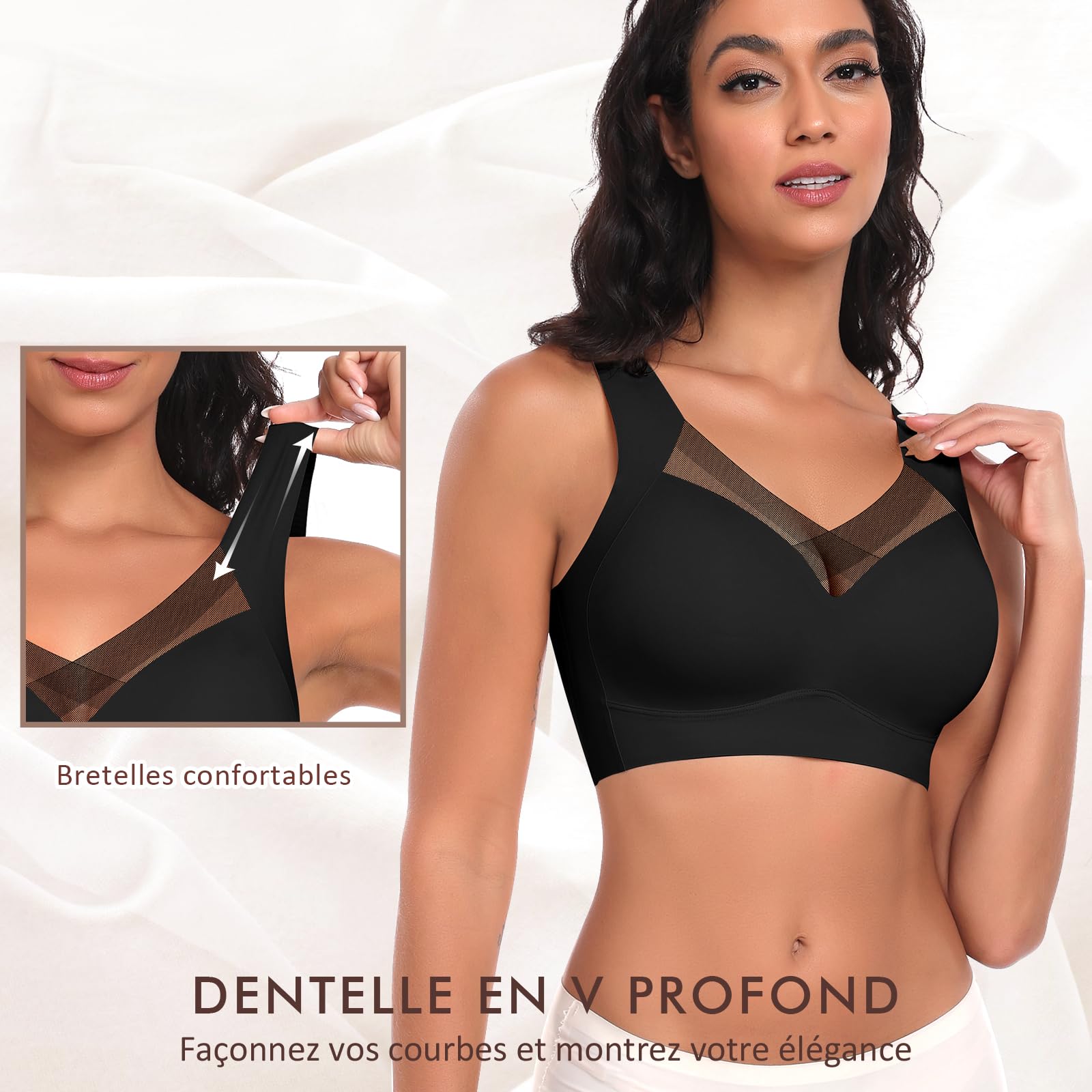 Ganado Soutien Gorge sans Armature Dentelle Push up Sport Bralette Femme Col en V Brassière sans Coutures Brassiere Comfit