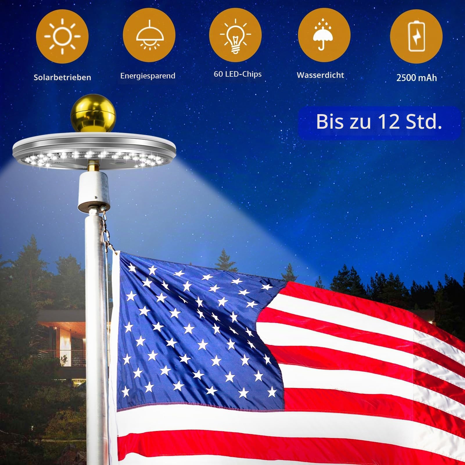 Solar-Fahnenmast der 2. Generation, 60 LEDs, superhelles Fahnenmast-Solarlicht, 30 % heller, IP65 wasserdicht, für 3.8 bis 7.5 m Boden-Teleskop-Fahnenstangen (Deluxe, silberfarben) )