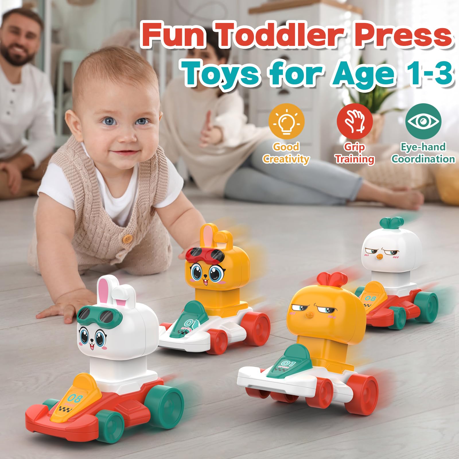 MOONTOY Macchinine Giocattolo Pasquali per Bambini 1 Anno, 4PCS Auto a Frizione Coniglietto e Pulcino, Macchine Push & Go per Neonati 6 9 12 18 Mesi, Easter Basket Stuffers, Regali Prima Compleanno