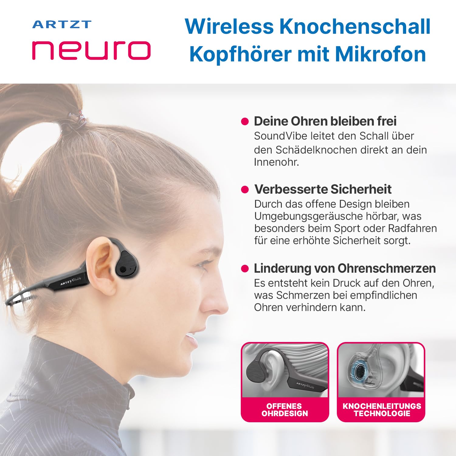 Knochenschall Kopfhörer Kabellos mit Mikrofon Open Ear Headset - SoundVibe - Schutz vor Wasser und Staub - Sportkopfhörer für Sport Freizeit Neuroathletik 13 x 11 x 4,5 cm, Grau