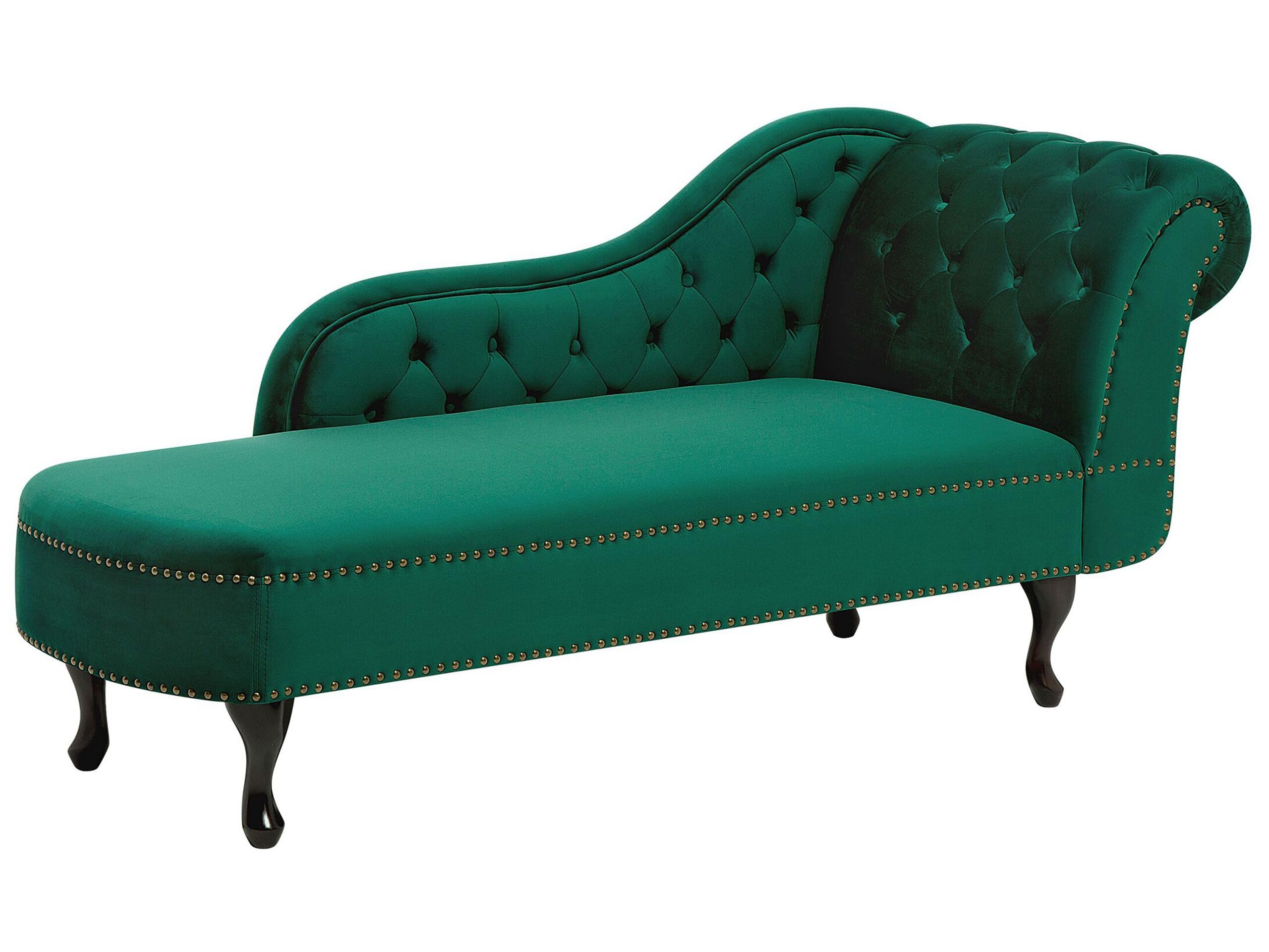 Beliani Vintage Style Right Hand Chaise Lounge Velvet Fabric Chesterfield Green Nimes