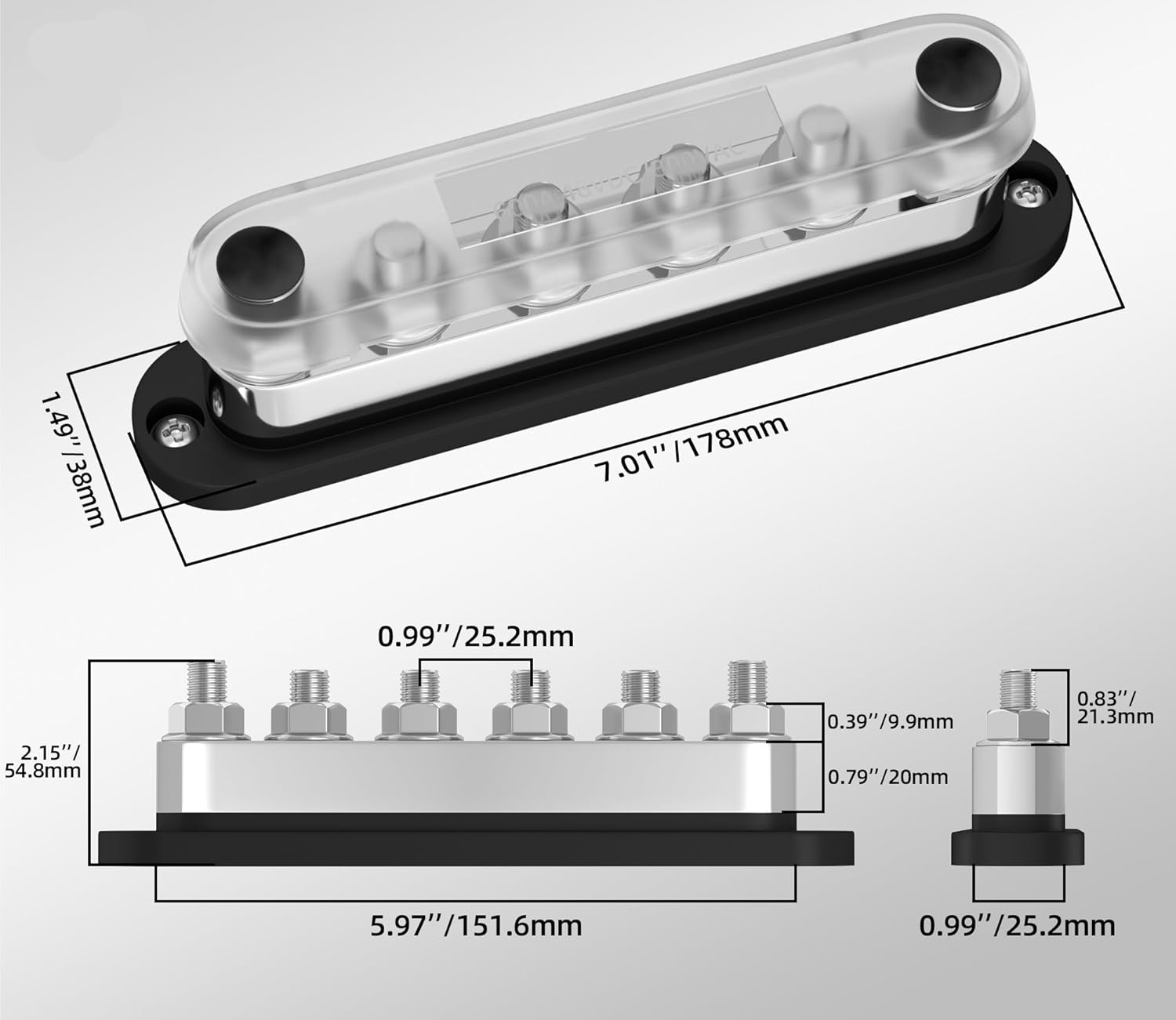 LIHUA 600A Power Distribution Block 12V Bus Bar Terminal Block 6 x 3/8" Terminal Studs 12 Volt Marine Bus Bar with Cover