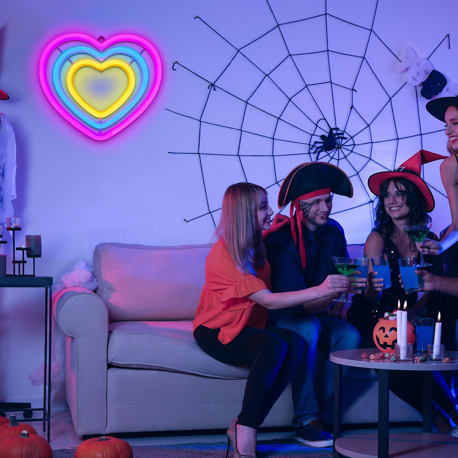 Insegna al neon a forma di cuore con dito, luce a forma