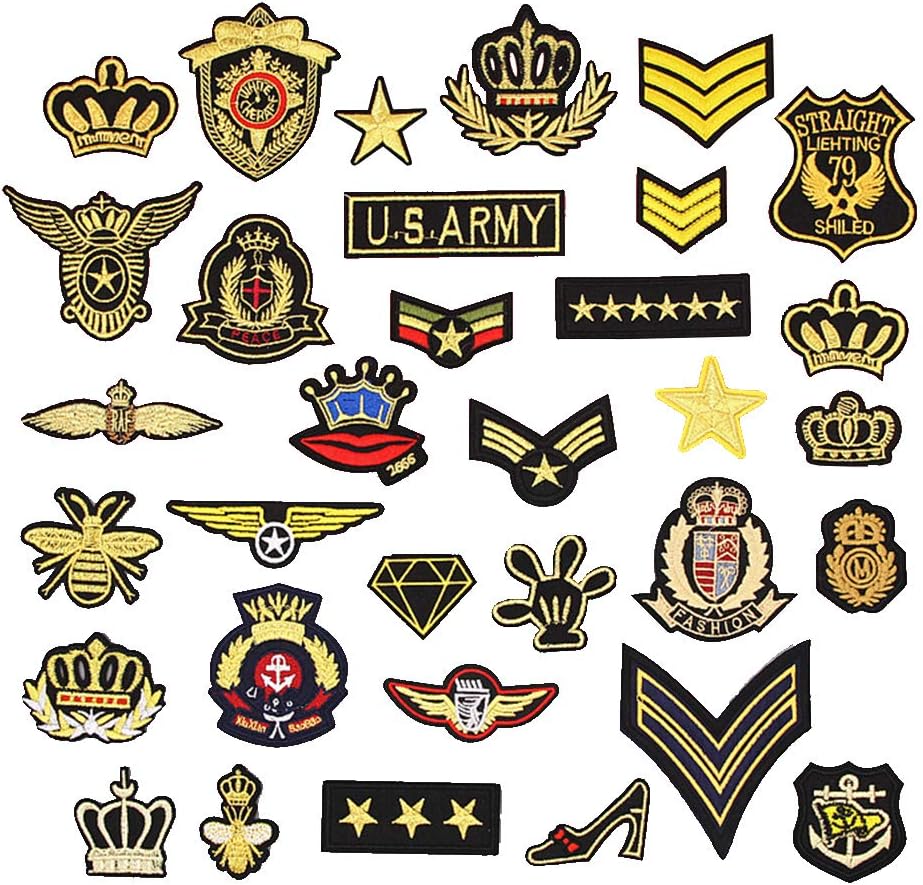 Hary 33Pcs Tactical Embroidered Patches Gold Color Morale Iron on Patches Military Sew on Patch for Decorating Repairing Jackets Shoes Bags Vests Backpacks Jeans Sleeve Caps Clothes Funny Badge Set