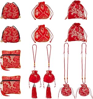 AHANDMAKER 12 Pcs Jewelry Silk Purse Pouchs, 6 Styles Vintage Red Embroidered Flower Jewelry Brocade Organizer Wrap with Zipper Small Drawstring Bag Jewelry Gift Bag for Wedding Travel Candy Storage