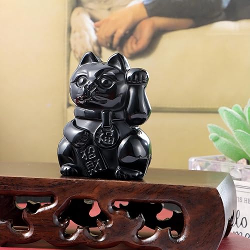 Miniatura 5 de Artistone Black Obsidian Crystal Maneki Neko Money Feng Shui Fortune Lucky Cat Collectible Figurine Gemstone Sculpture for Attract Wealth Good Luck
