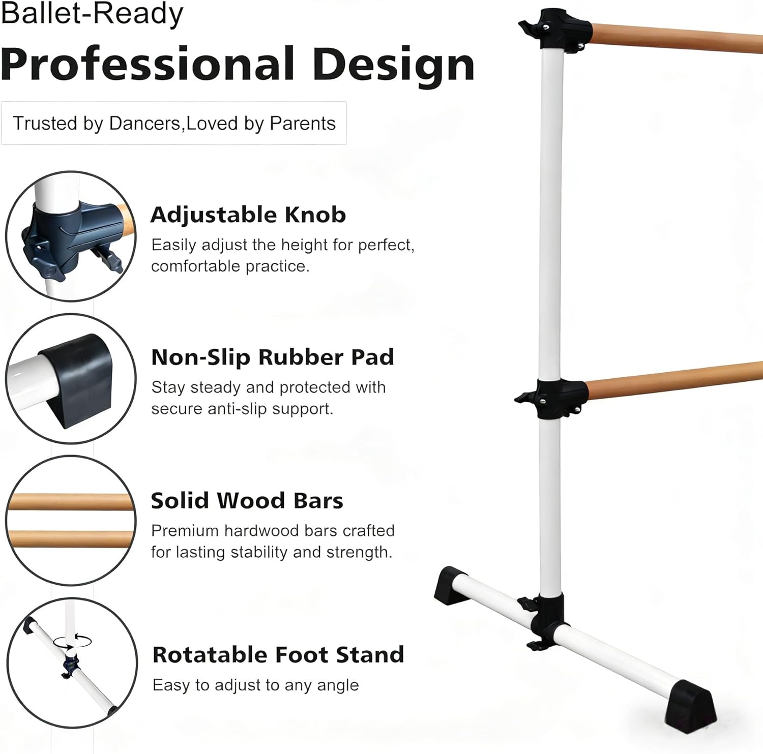 6FT White Solid Wood Ballet Barre - Adjustable Height 6.7-46 Inches for Athletic Training, Fitness, and Dance Practice
