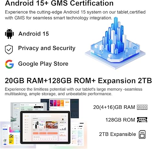 Vista 5 de Tablet Android 15 de 10 pulgadas, 20 GB de RAM+128 GB de ROM/2 TB expandible, procesador de cuatro núcleos de 2.0 GHz, pantalla HD de 1280 x 800