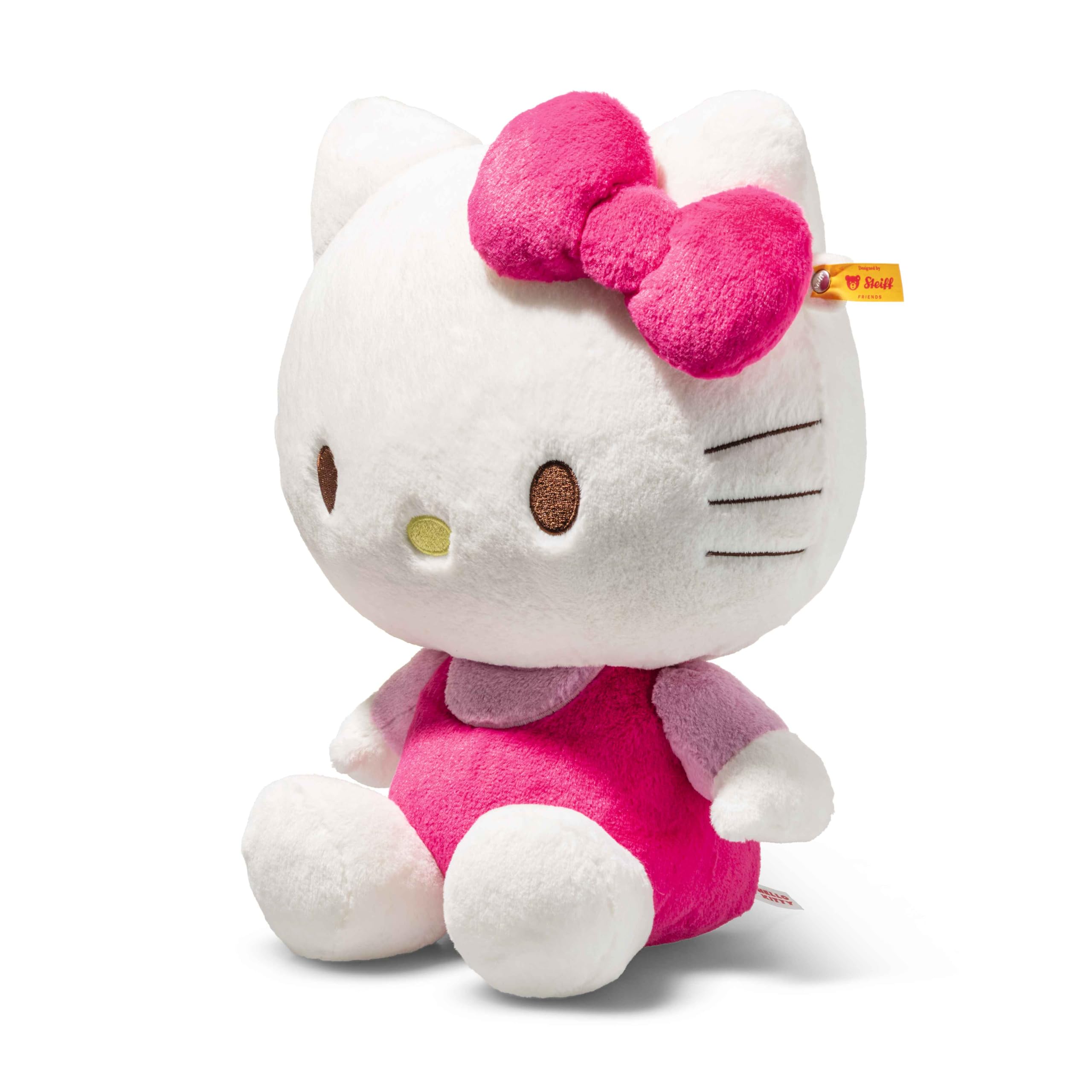 Steiff Peluche de Hello Kitty de 30 cm, Color Blanco con Traje Rosa, Gran Peluche para acurrucarse, para niños y coleccionistas, Lavable a máquina