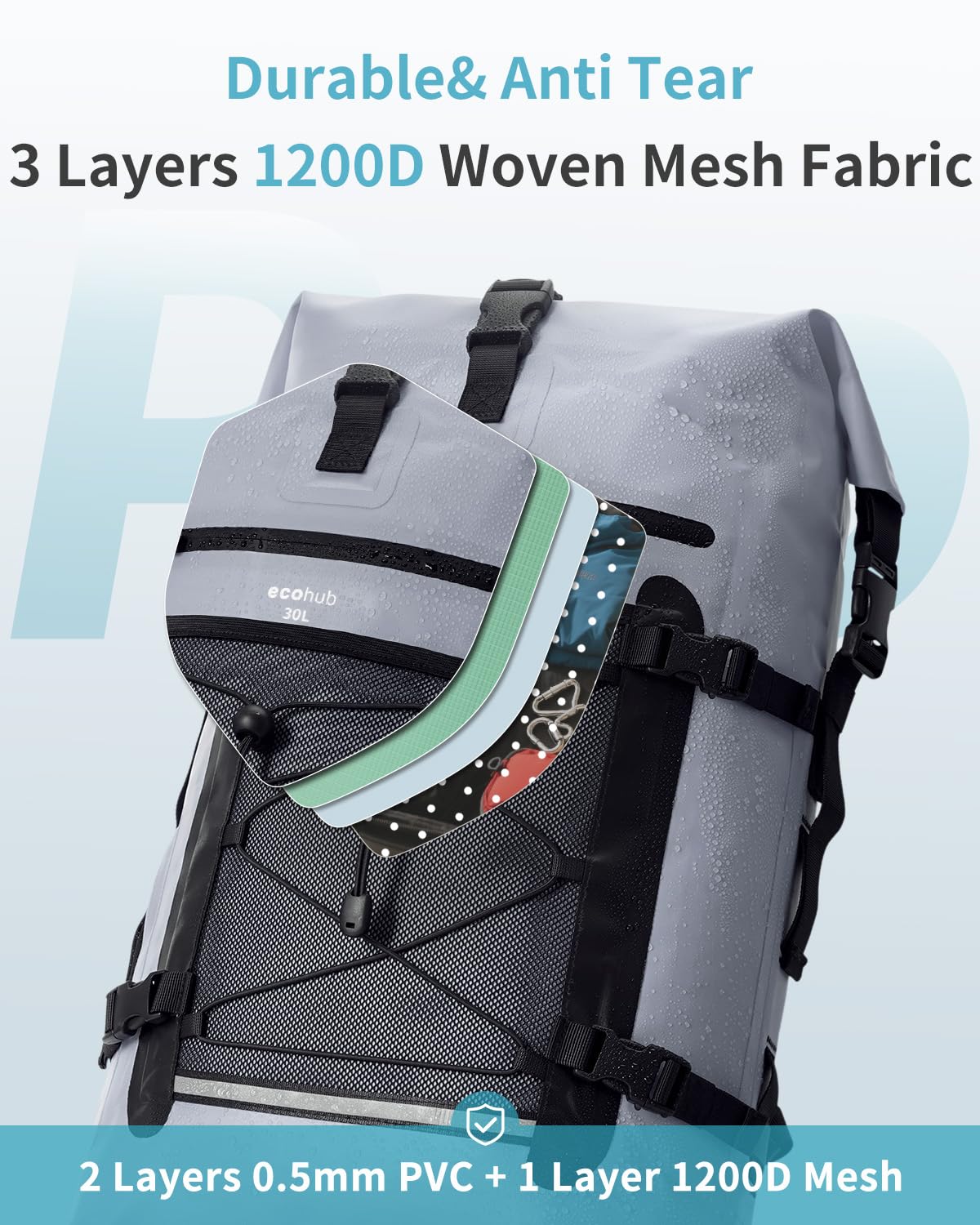 ECOHUB Wasserdichter Rucksack, Rolltop mit IPX8 Handyhülle & Atmungsaktive Rückenpolsterung, Dry Bag für Kajak, Bootfahren, Wandern, Camping, Angeln, Rafting, Lieferfahrer, 30L, Grau