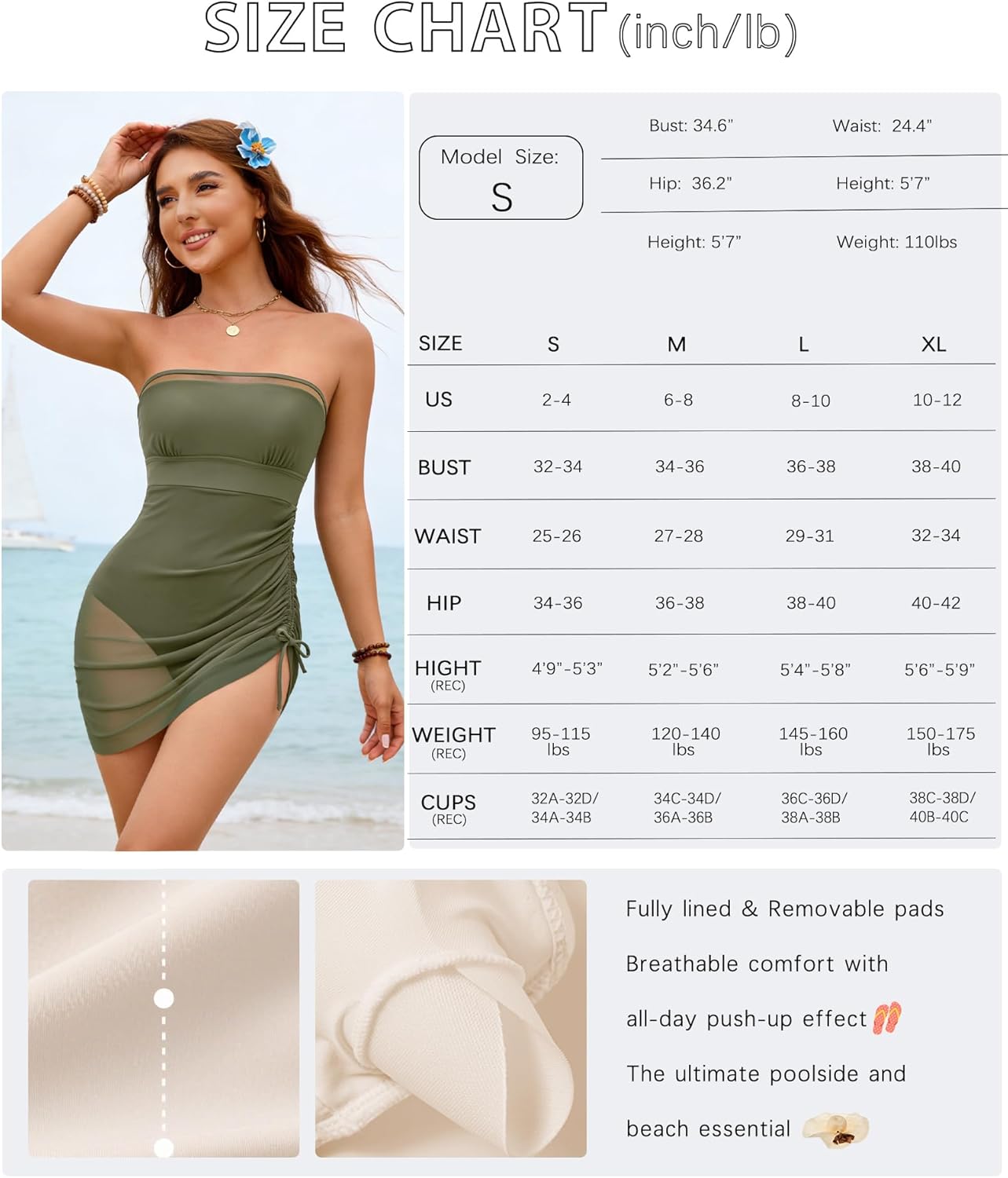 XUNYU One Piece Swimsuit Women Tummy Control Bathing Suit Strapless Bandeau Modest Swim Suits Full Coverage Mesh Swim Dress