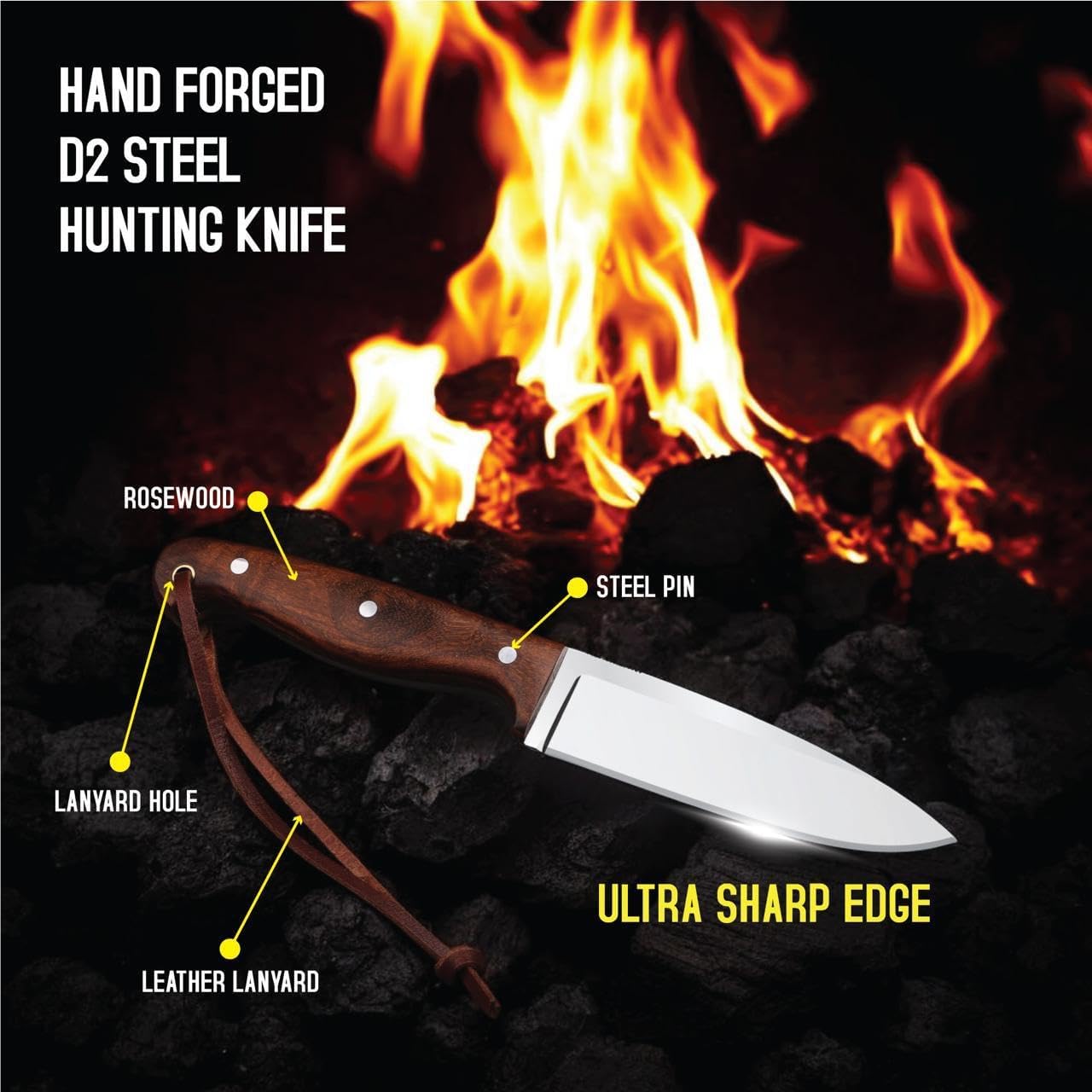 Handmade D2 Steel Hunting Knife – 10” Full Tang Fixed Blade Skinning Knife With Leather Sheath For Camping, Survival, Fishing & Outdoor Bushcraft – H&H BLADES