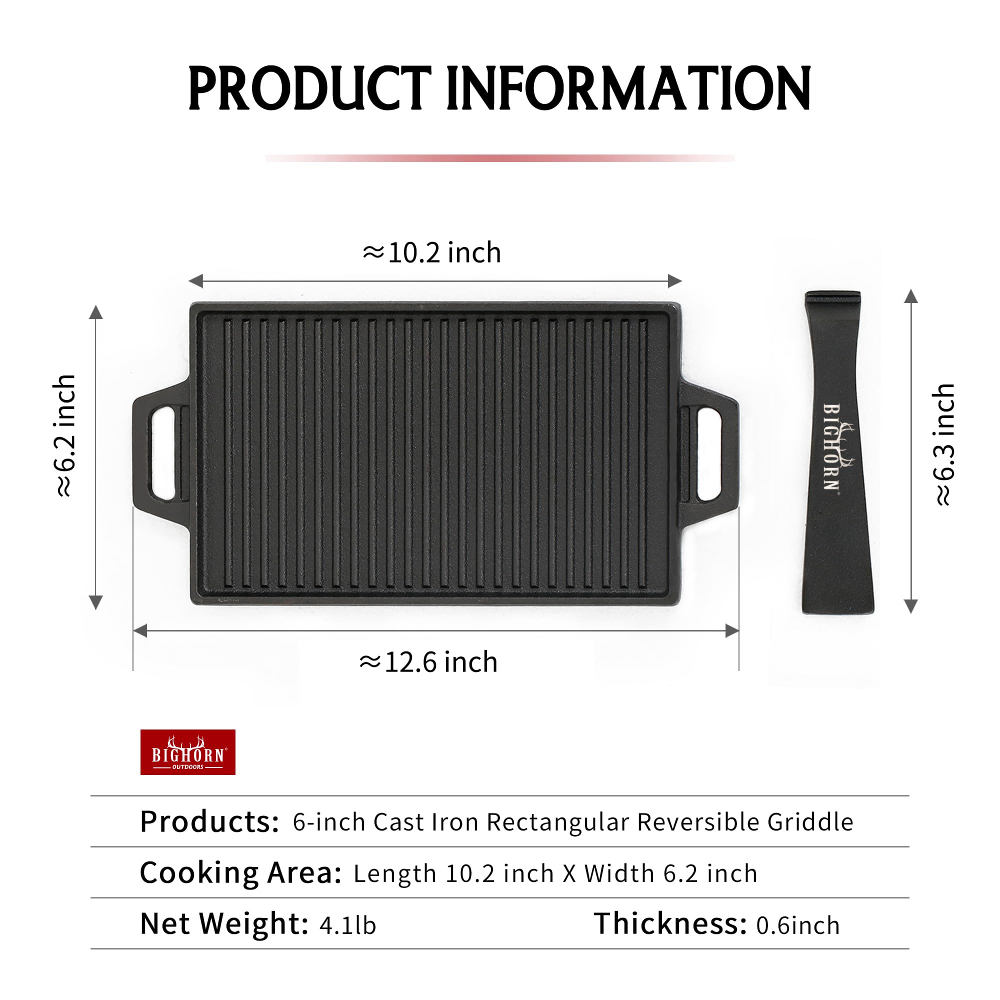 BIG HORN OUTDOORS Cast Iron Griddle Reversible Griddle Flat Top Grill Plate with Handle (12.6”×6.2”)