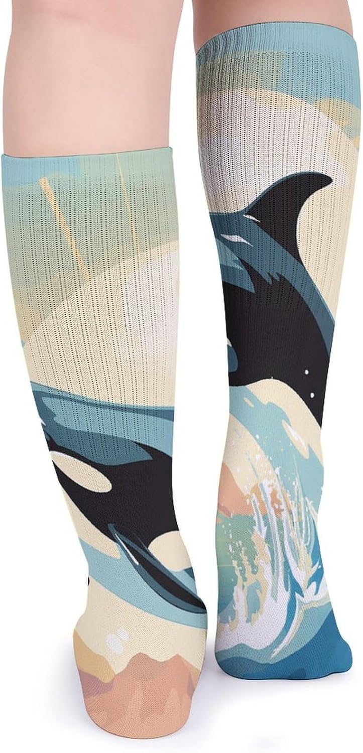 5-Pack Knee High Socks, 15.7 Inch Breathable Casual Socks Orca in The Sea Stockings for Men Women
