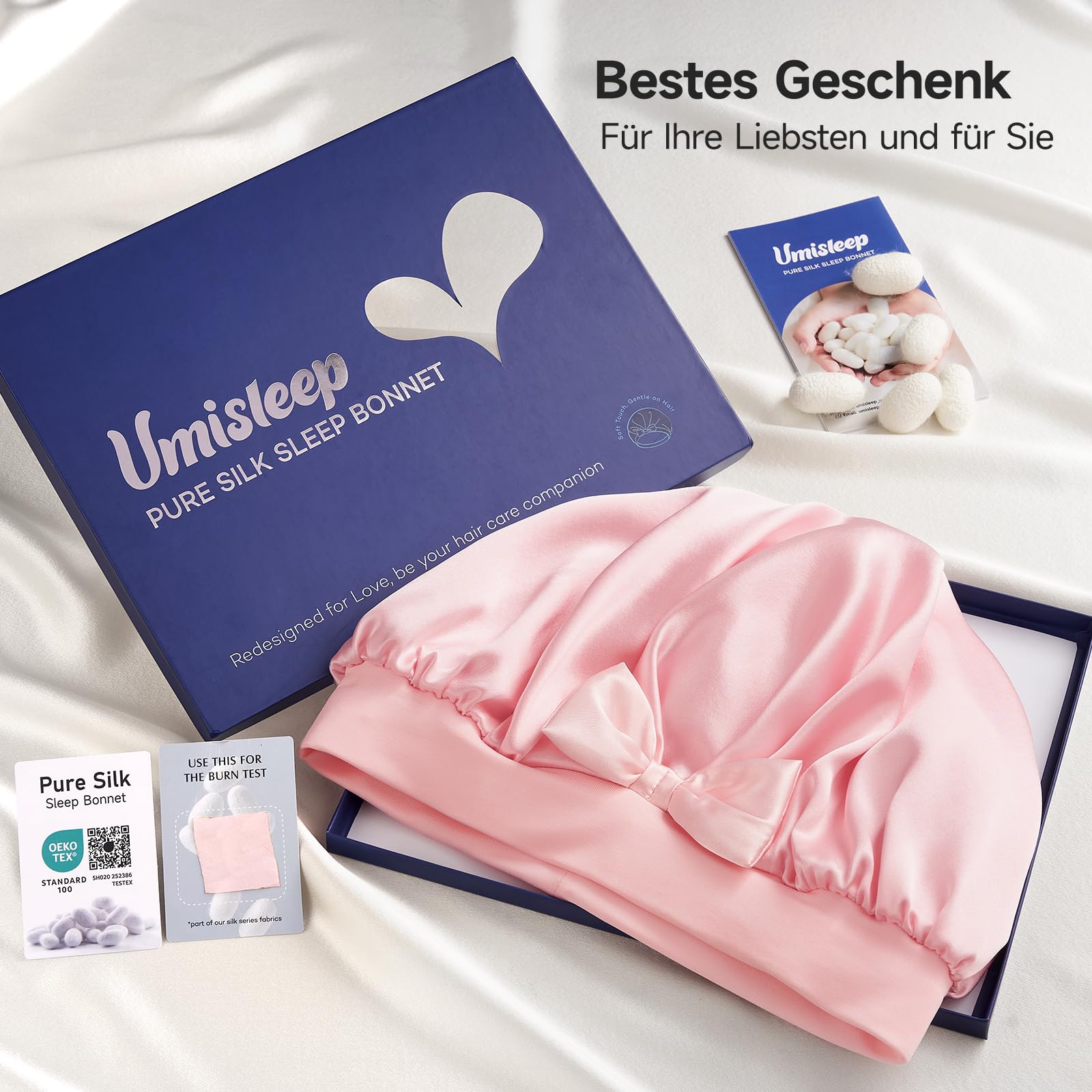 Umisleep 100 % Maulbeerseide 22 Momme große Seidenhaube zum Schlafen, doppellagig, rutschfest und atmungsaktiv, mit verstellbarem Band für lange, lockige Haare, Hellrosa