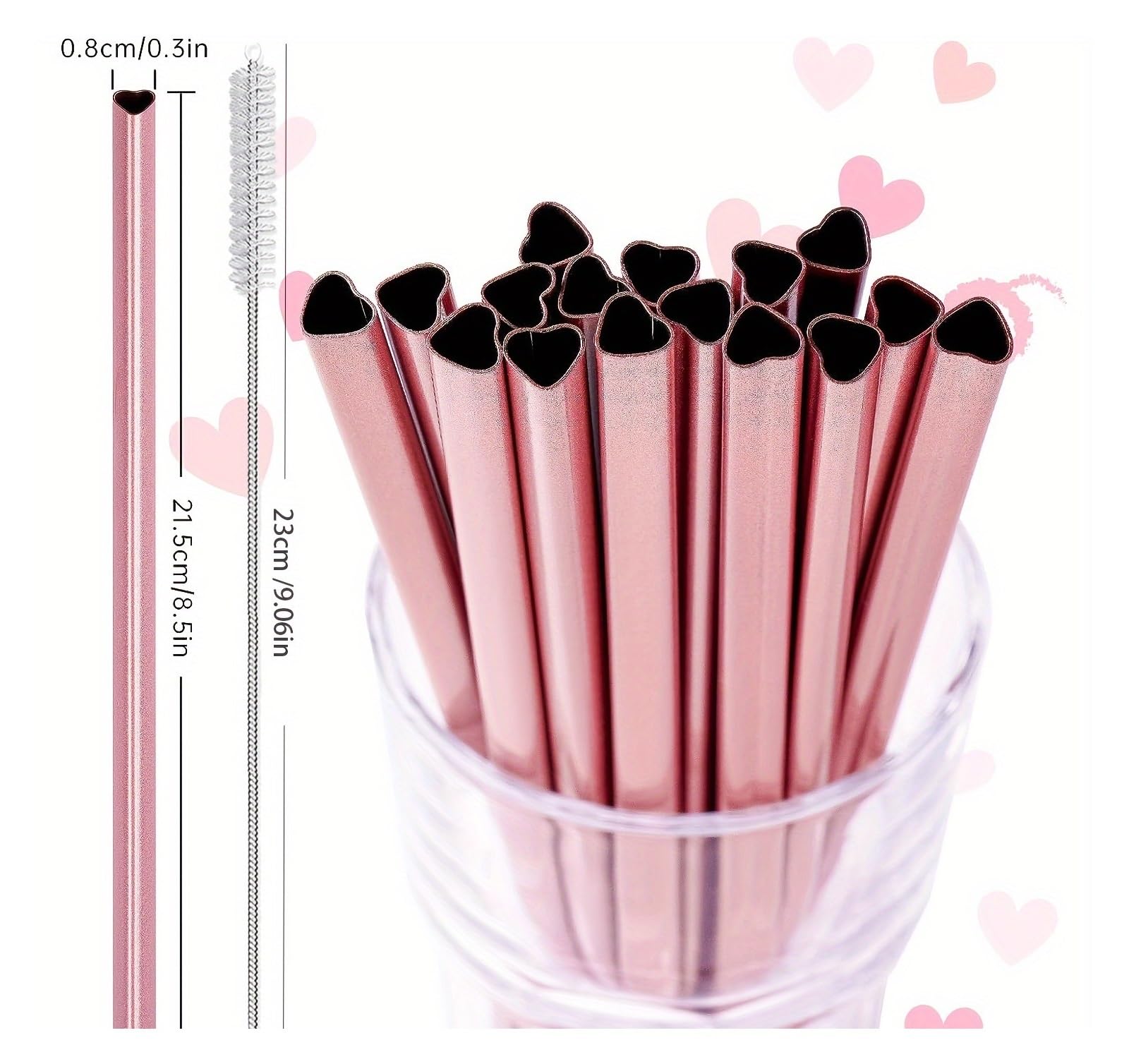 Strohhalme 304 Edelstahl-Strohhalm, rosa, herzförmiges Metall-Strohhalm-Set mit Strohhalmbürste Für Smoothie(8pcs)