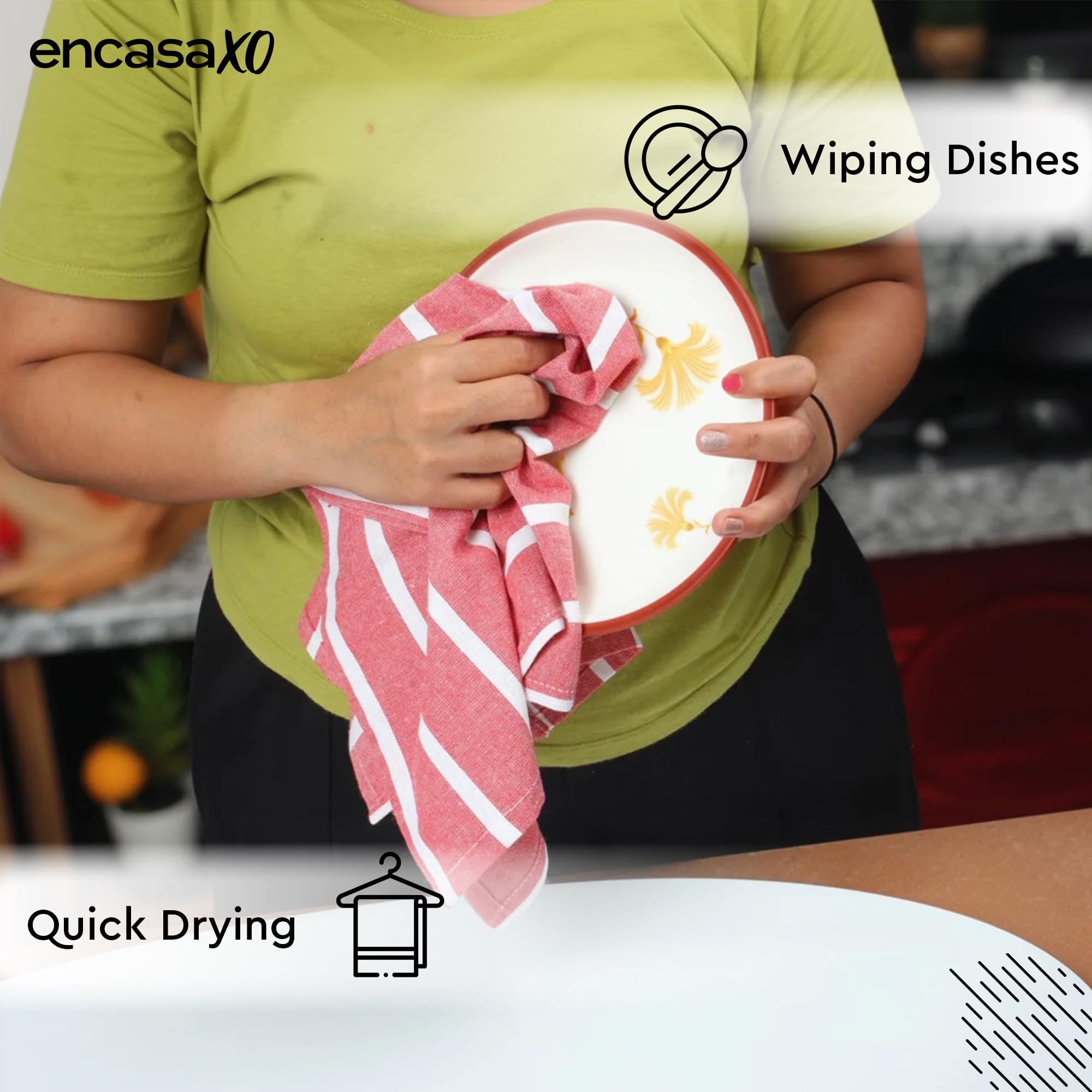 Encasa XO Kitchen Cloth for Cooking | Cotton Hand Towel for Drying Dishes | 70x45 cm Tea Towels | Highly Absorbent for Cleaning & Quick Drying of Plates | Roma Red Stripes (Set of 4 Pieces) 3