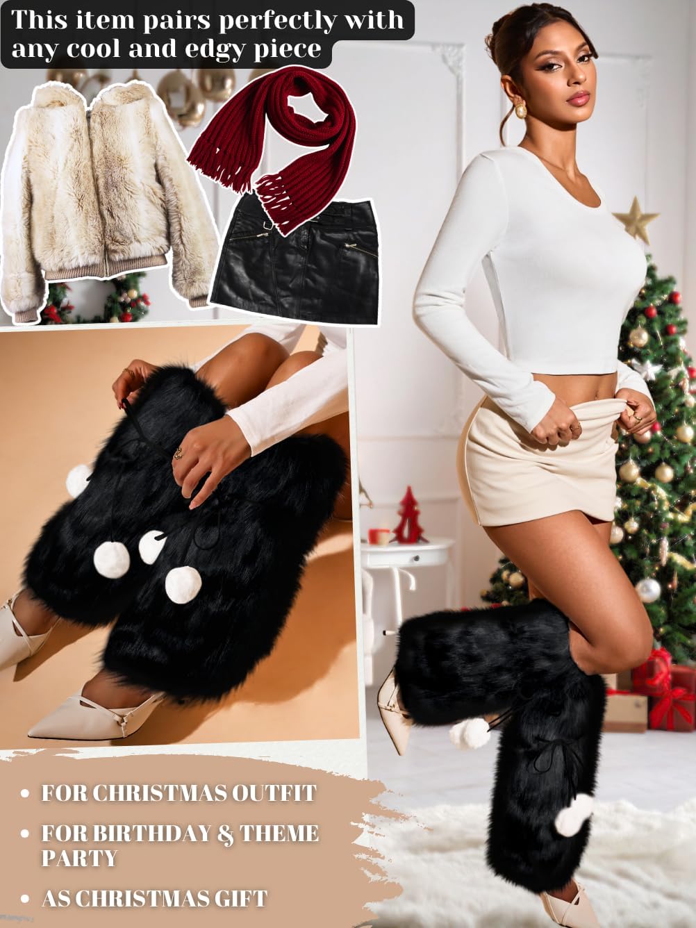 Kaei&Shi Fur Boot Covers with Pom-poms,Fuzzy Fluffy Leg Warmers For Women,Furry Boots Cuff Concert Rave Christmas - Image 5