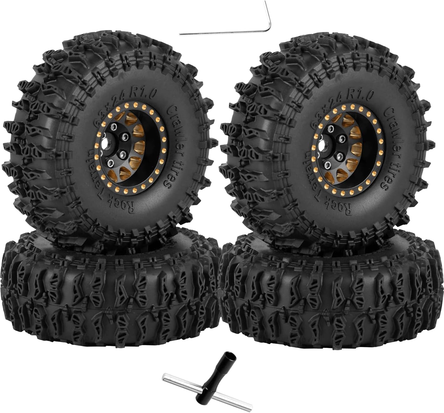 RC 1.0" Beadlock Wheels and Tires for RC Crawler 1/18 TRX4M,1/24 SCX24,Brass 1.0 Beadlock Wheels RC Rims w/ 1.0 Beadlocks Tires Soft Sticky Rubber Tires,4pcs,Style B