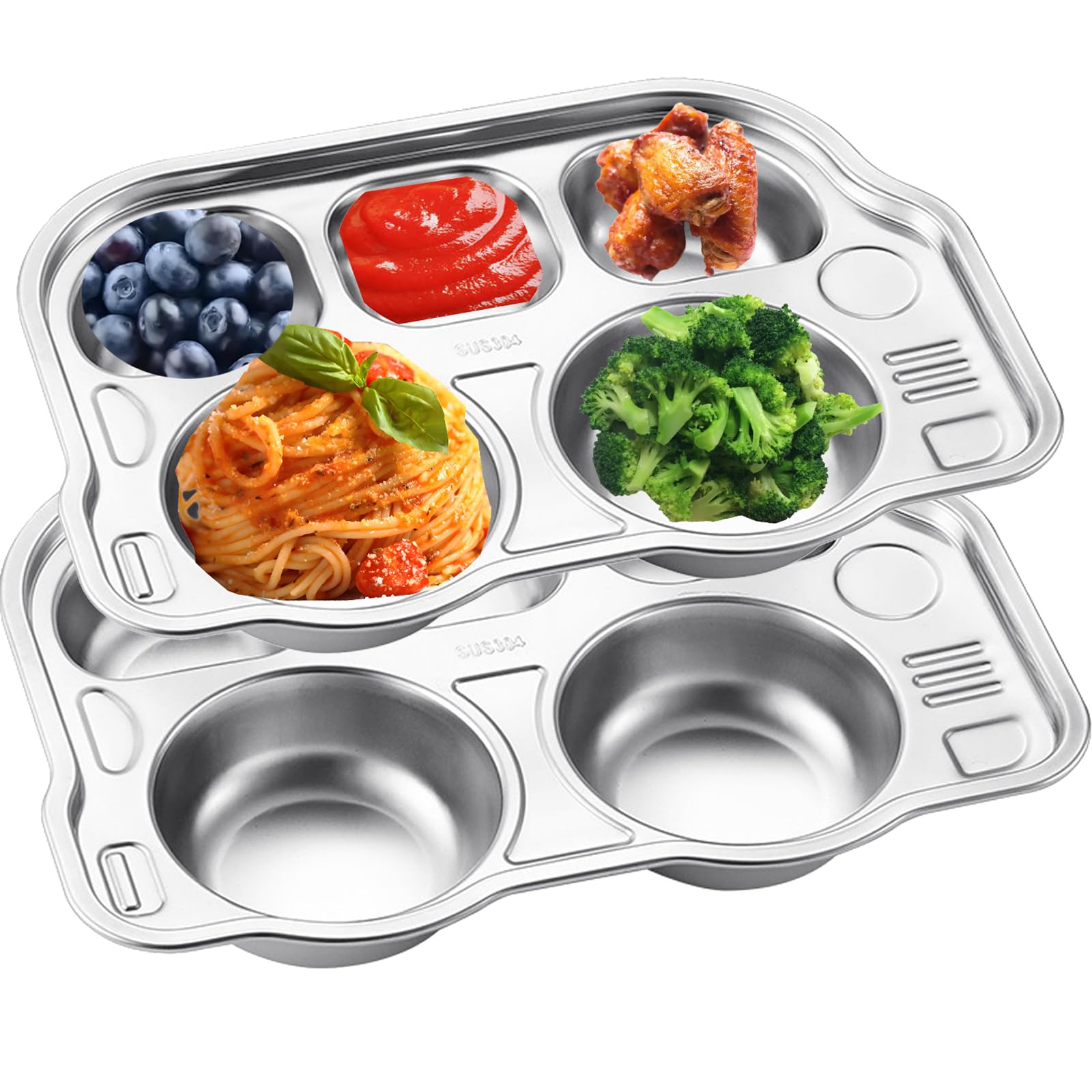 Yanhalo 2 Pack Divided Plate, 5 Sections 304 Stainless Steel Divided Dinner Tray for Adults Kids, Campers