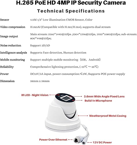 Miniatura 5 de Evertech Sistema de cámara de seguridad de vigilancia IP de 8 canales 4K 8MP 8CH PoE H265 NVR 4TB HDD y 8 cámaras IP PoE con lente gran angular