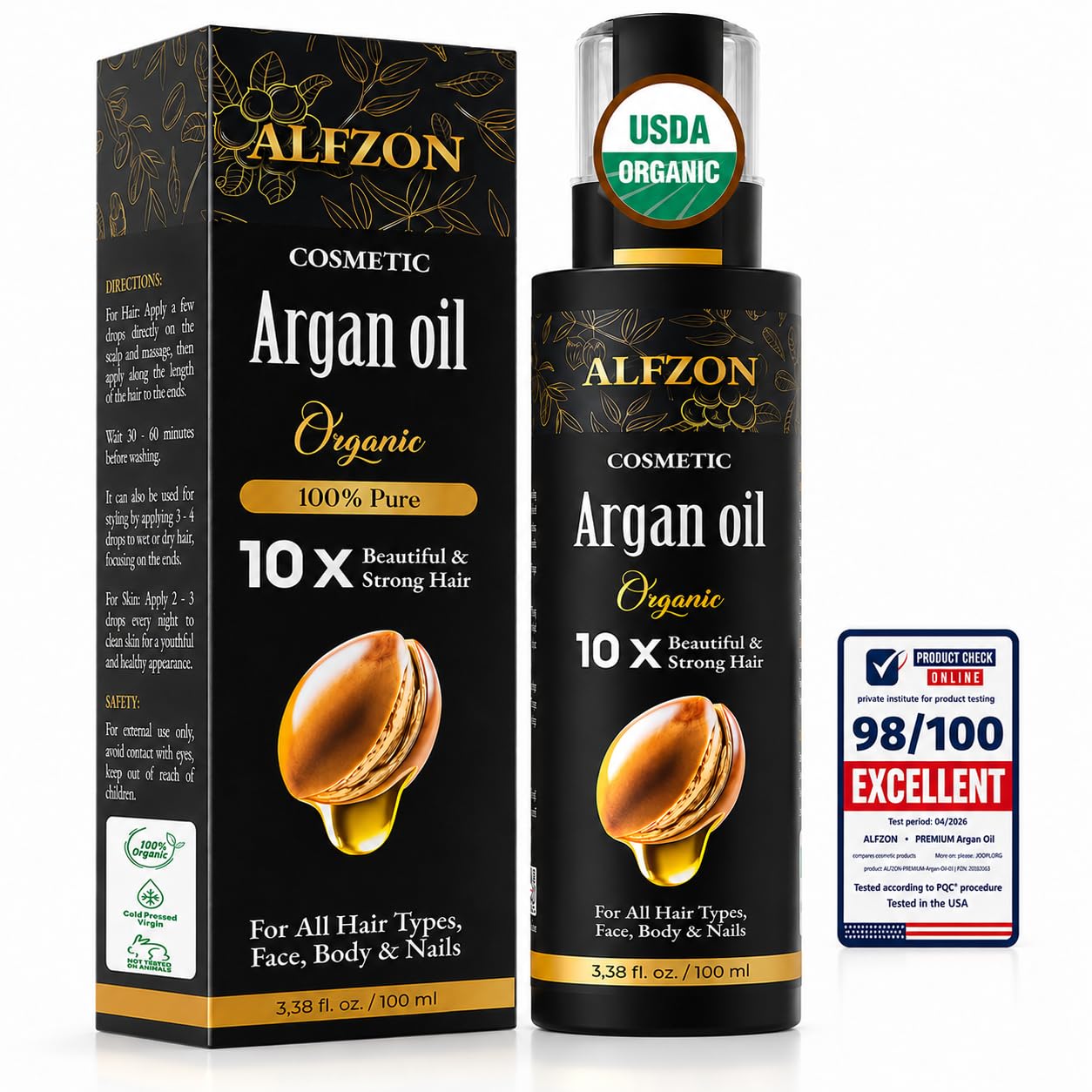 Moroccan Argan Oil 100% Pure USDA Organic Cold Pressed Unrefined – Deep Moisturizing Hair & Scalp Treatment for Dry, Damaged, Curly & Frizzy Hair – Face & Skin – 3.38 Fl Oz Glass Bottle