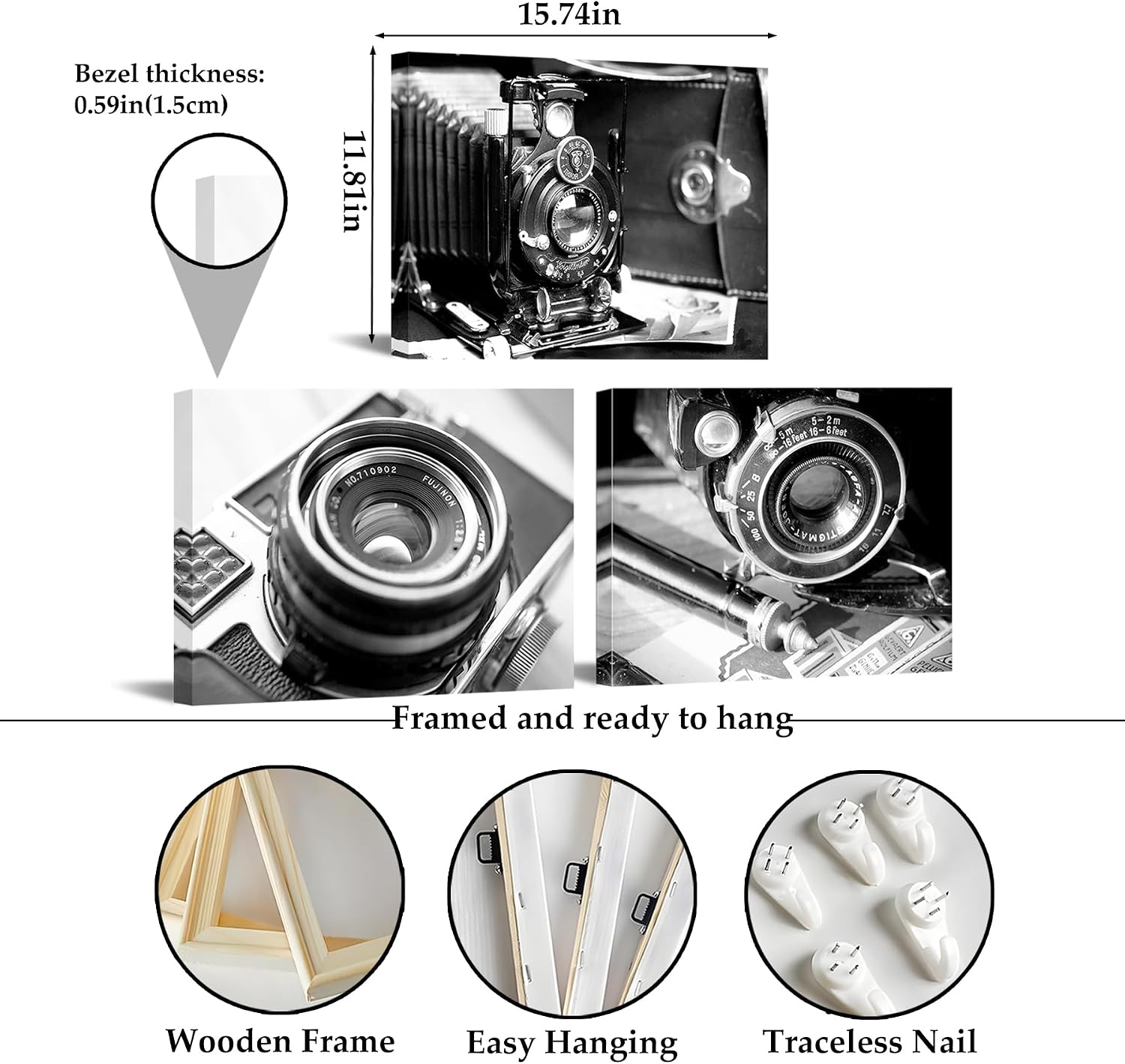 Sepwrol Retro Camera Canvas Wall Art, Black and White Camera Lens Prints Wall Decor, Vintage Old Fahsioned Camera Lens Poster Printing Artwork for Home Living Bedroom Office 12"x16"x3 image 3