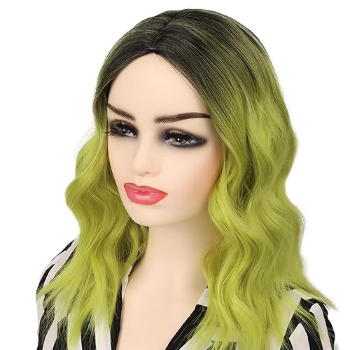 Wallden Hair Pelucas verdes estilo Bob para mujer, peluca corta ondulada y rizada, raíces oscuras, longitud al hombro, resistente al calor, pelucas