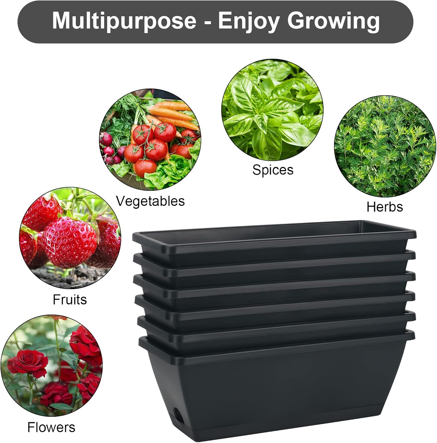 HOXHA Window Box Planter, 6 Pack 17inch Plastic Vegetable Flower Planter Boxes with Tray, Indoor Outdoor Flower Pots for Windowsill, Patio, Porch, Garden Balcony, Dark Gray