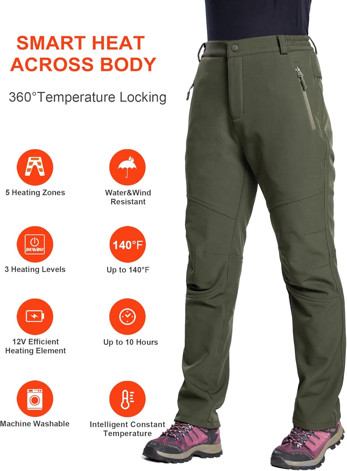 DEWBU Heated Pants for Women with 12V Battery Pack Fleece Lined Outdoor Softshell Pants Electric Heating Trousers - Image 3