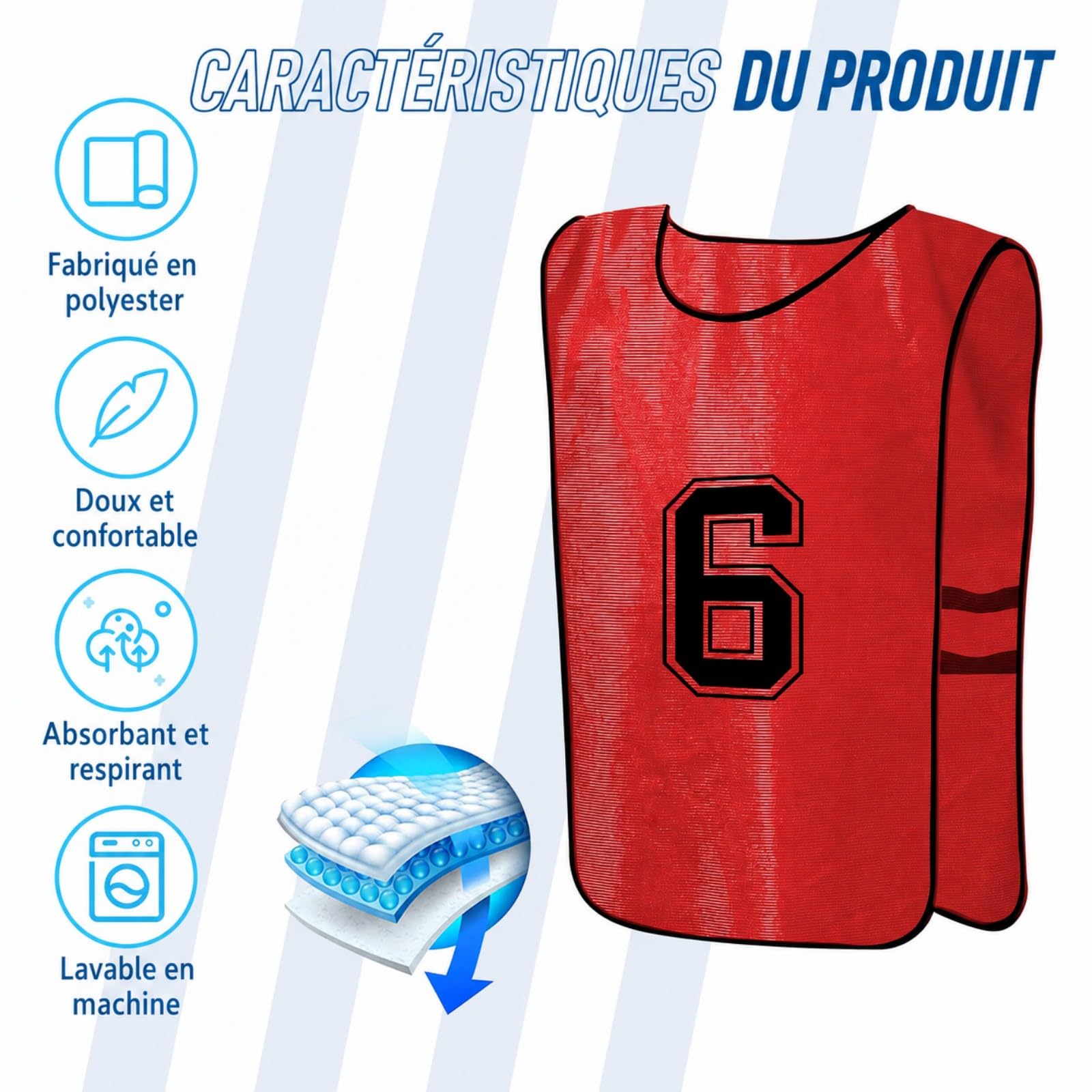 24 Chasubles de Football Numérotées pour Adultes – Dossards d’Entraînement Équipe en Polyester Respirant, Gilets de Match Réversibles pour Football, Basket, Rugby, Volley – Rouge & Jaune