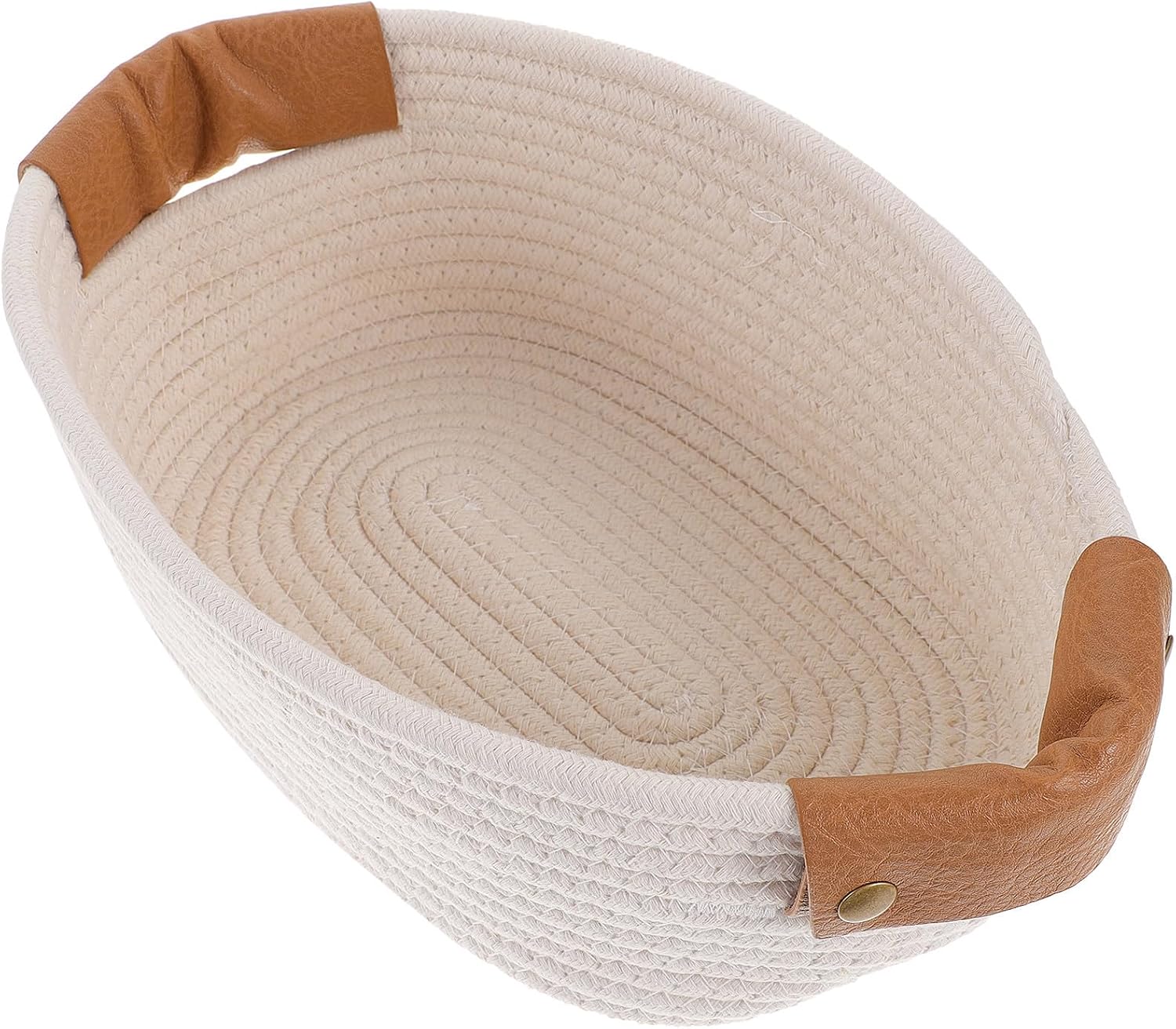 Bathroom Storage Basket with Leather Handles, Cotton Rope, White