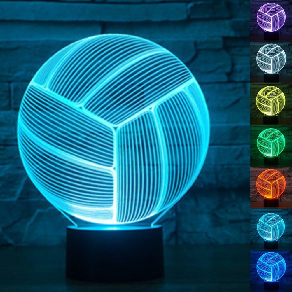 3D Optical Illusion LED Volleyball Lamp Color-Changing Acrylic Volley Ball Modern Light Up Touch Hologram USB Nightlight Projector for Table, Nightstand, Nursery, Playroom, Kid's Room Decor