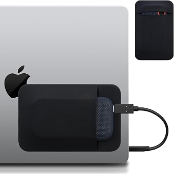 Adhesive Portable Hard Drive Sleeve for Laptop, Compatible with External Portable SSD Solid State Drive, Cable and More, Stick on External Hard Drive Case- Wrap-Around Hard Drive Pouch, Black